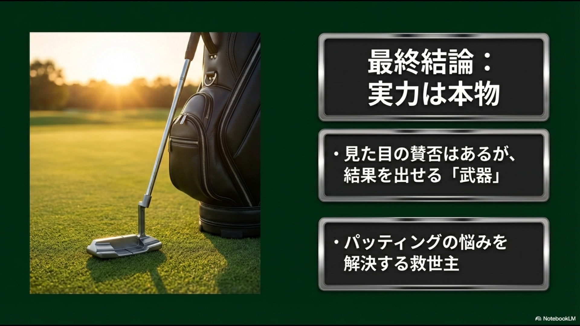 クロスパットパター試打レビューの最終結論。見た目の賛否はあるが、パッティングの悩みを解決し結果を出せる「実力は本物」の救世主であるという評価