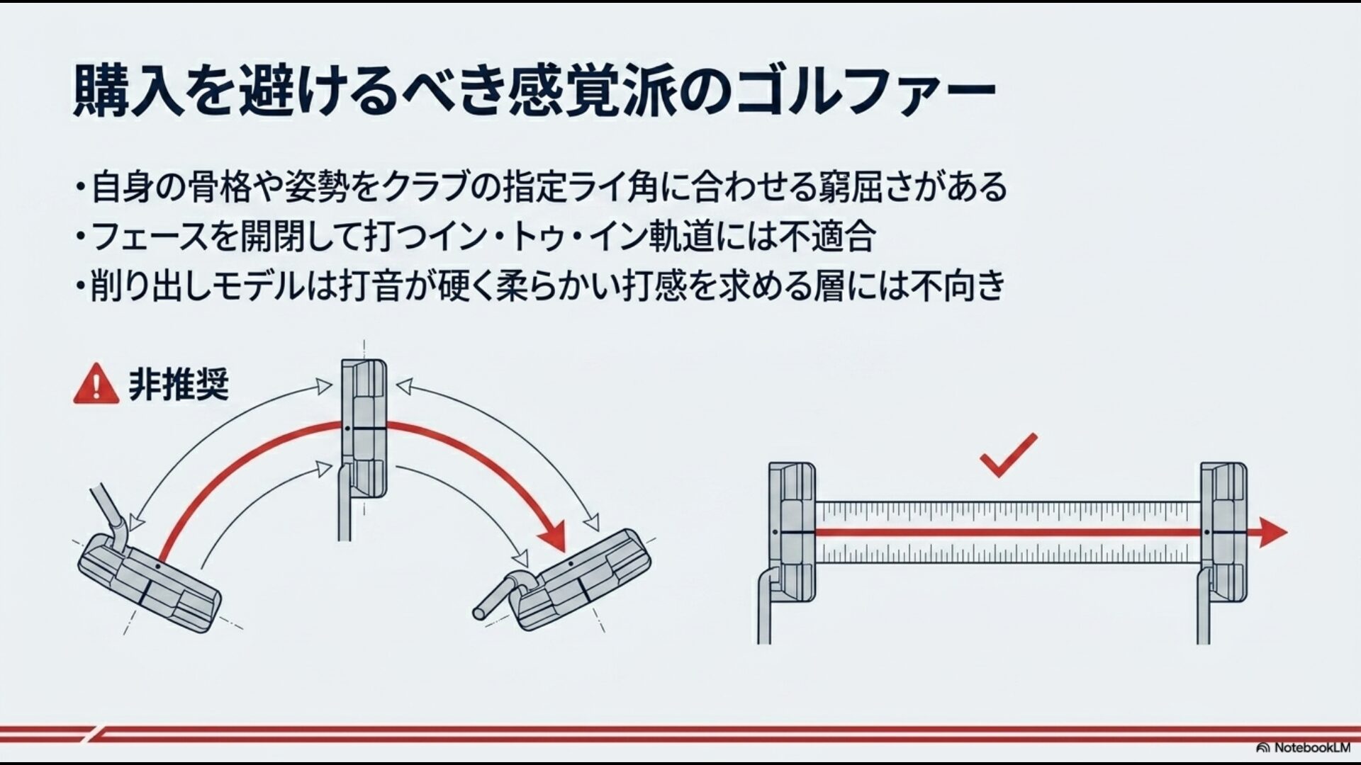 イン・トゥ・イン軌道やフェースを開閉して打つ感覚派のゴルファーにはクロスパットが不向きであることを示す軌道解説図
