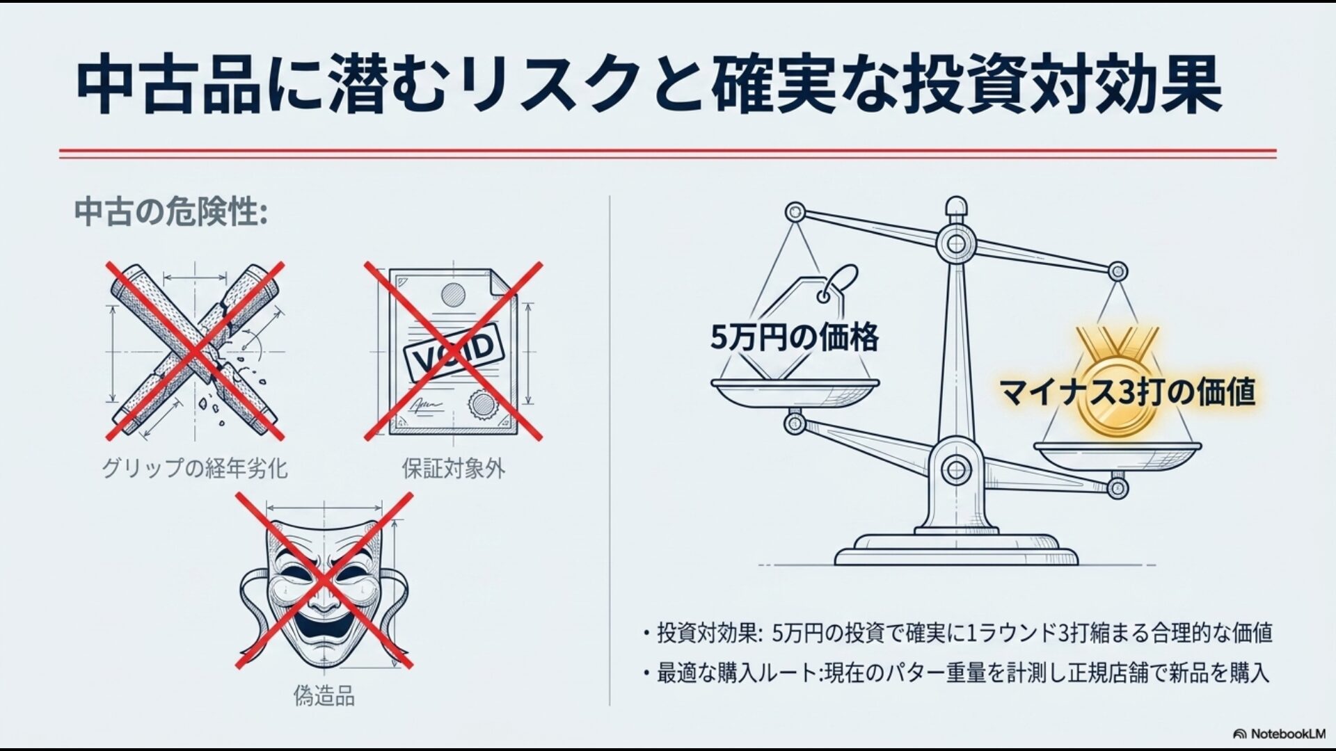 グリップ劣化や保証対象外といった中古品の危険性と、5万円の投資で確実にスコアを縮める新品購入の投資対効果の比較図