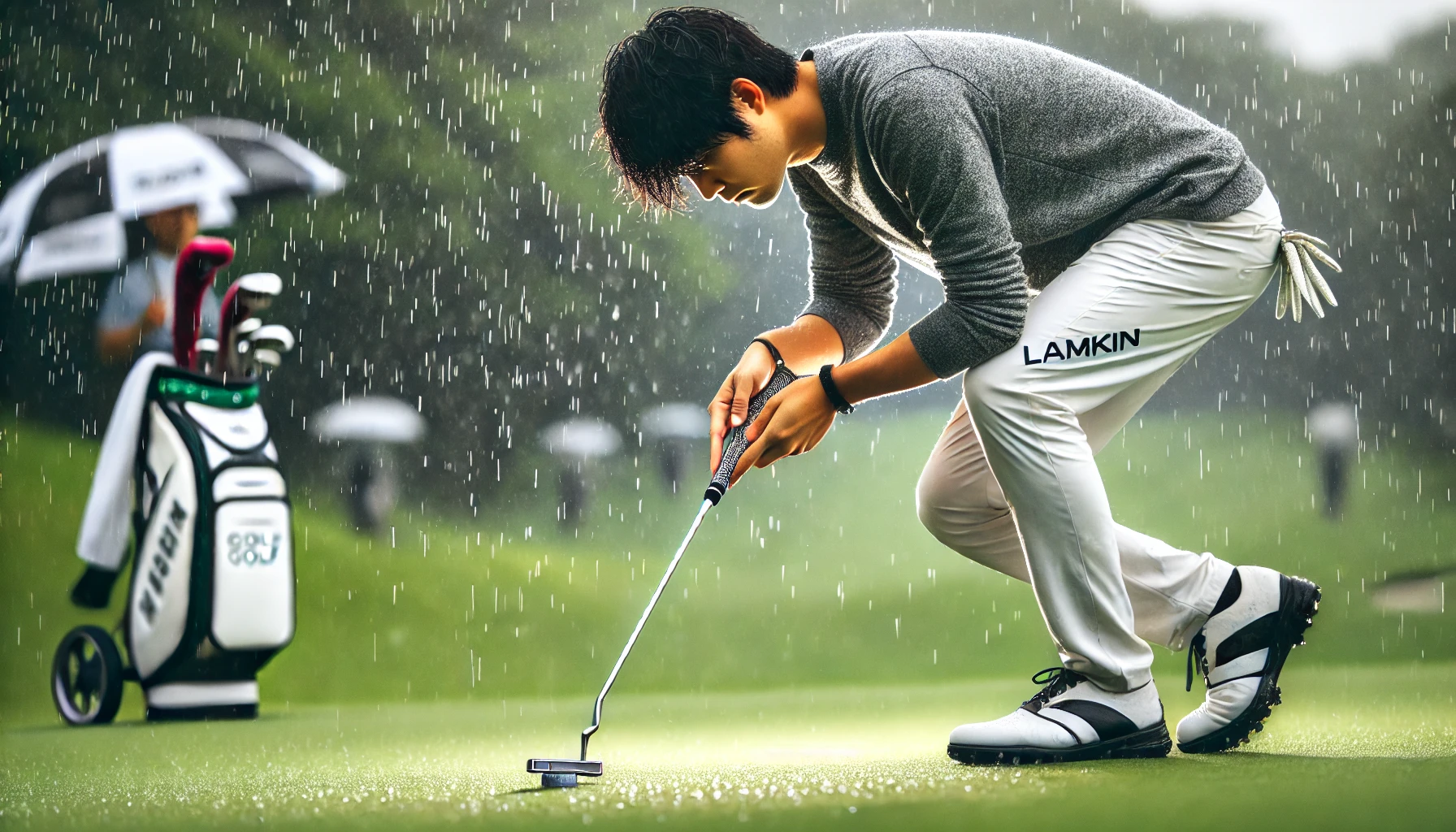 雨の中、レインウェアを着た日本人ゴルファーが濡れたグリーンでパッティングをしている様子。グリップをしっかり握り、滑りへの対策を意識してプレーしているリアルな雨天ラウンドのシーン