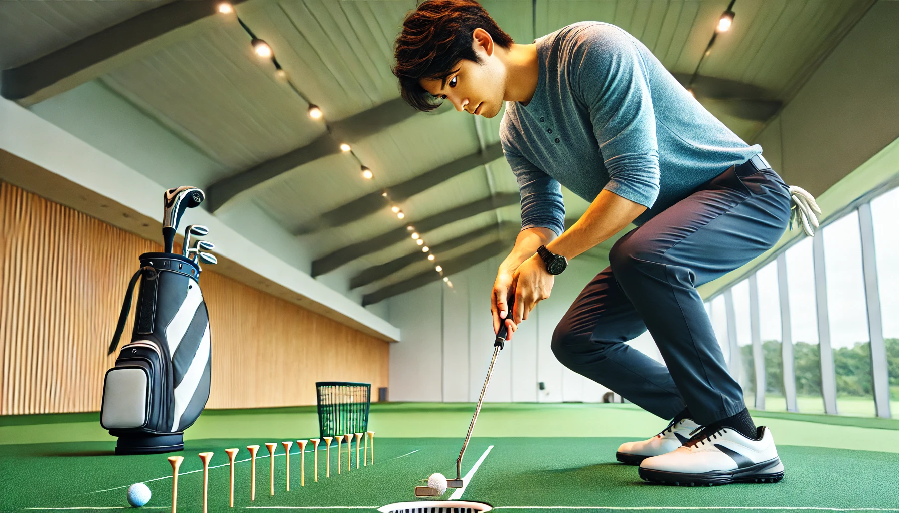 日本人ゴルファーが室内のパターマット上で、センターシャフトパターを使いながらコインとティーを用いたドリルに集中して練習している様子。方向性と芯の再現性を高めるための構造的なトレーニング風景。