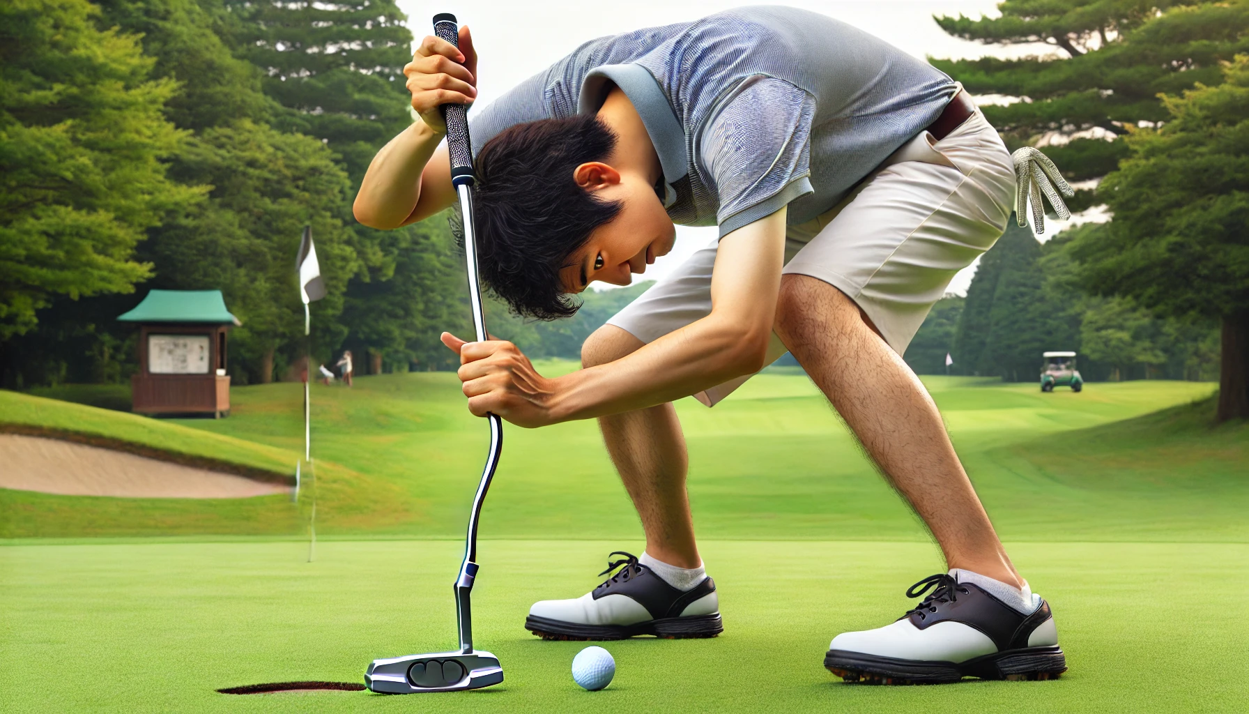 アーク軌道でストロークし、タイミングに苦しむ日本人男性ゴルファー。ボールはカップを外れて転がっている。