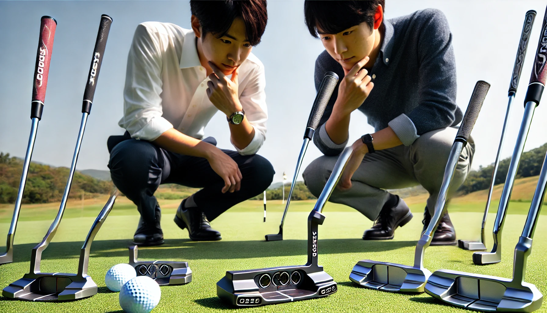 日本人ゴルファー2人が屋外グリーンで2本の高級センターシャフトパターを比較。1本はアライメント強調型のマレット、もう1本はミニマルデザインのブレードタイプ。構造と打感を確認中。
