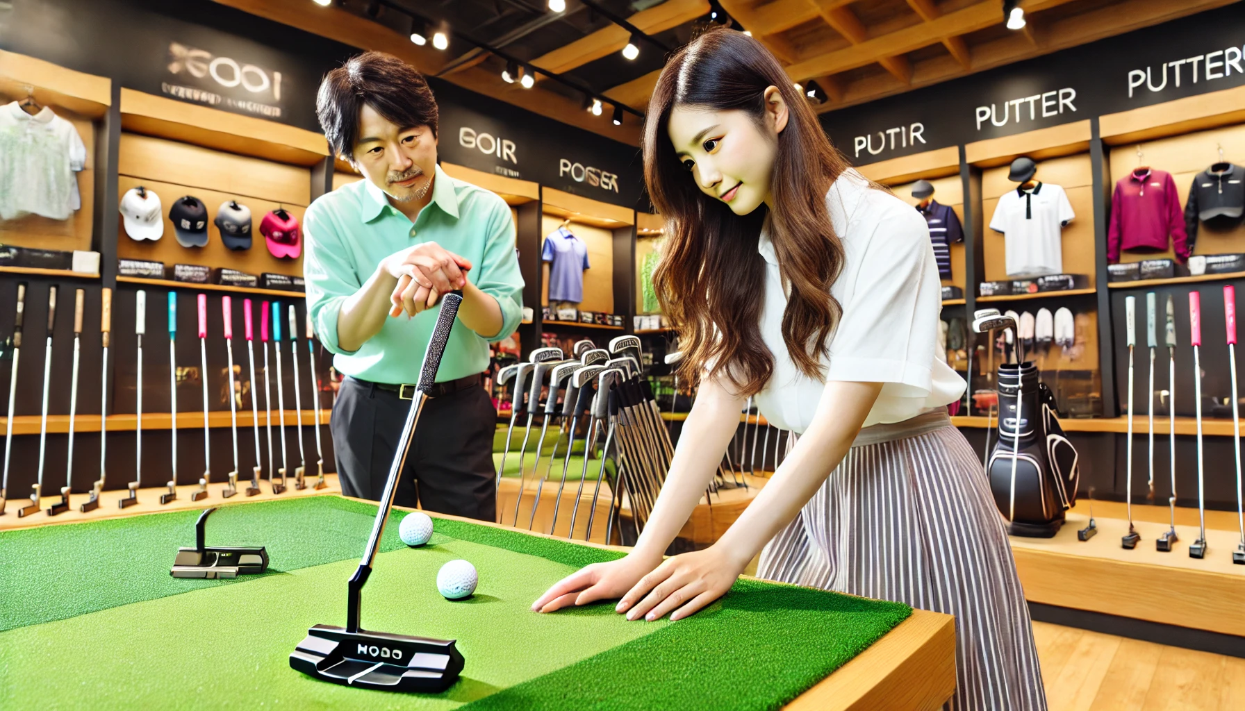 日本人女性の初心者ゴルファーが屋内のパタースペースでセンターシャフトパターを試打。高MOIヘッドやアライメントライン付きモデルを比較中。スタッフのアドバイス付きで安心感のある環境。