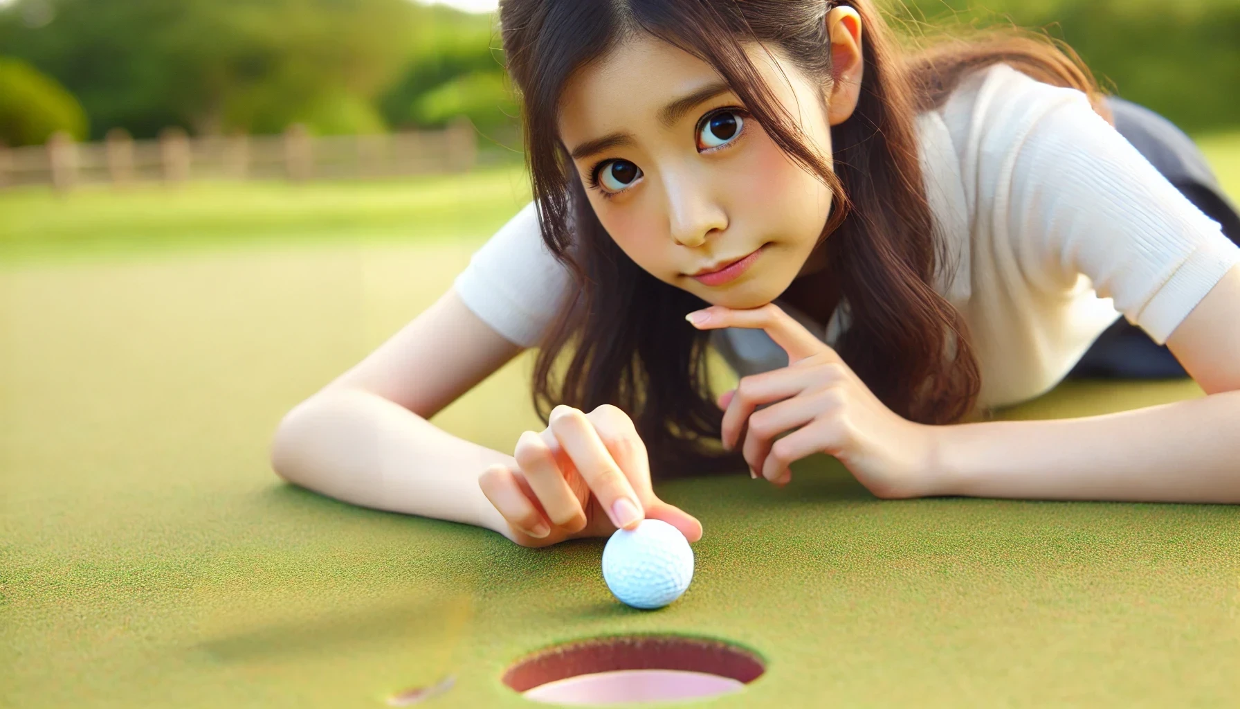 日本人女性ゴルファーが青空の下、グリーン上でミスパットの結果に少し戸惑った表情を見せている。手には何も持っておらず、クラブは映っていない。背景は自然なゴルフ場の風景