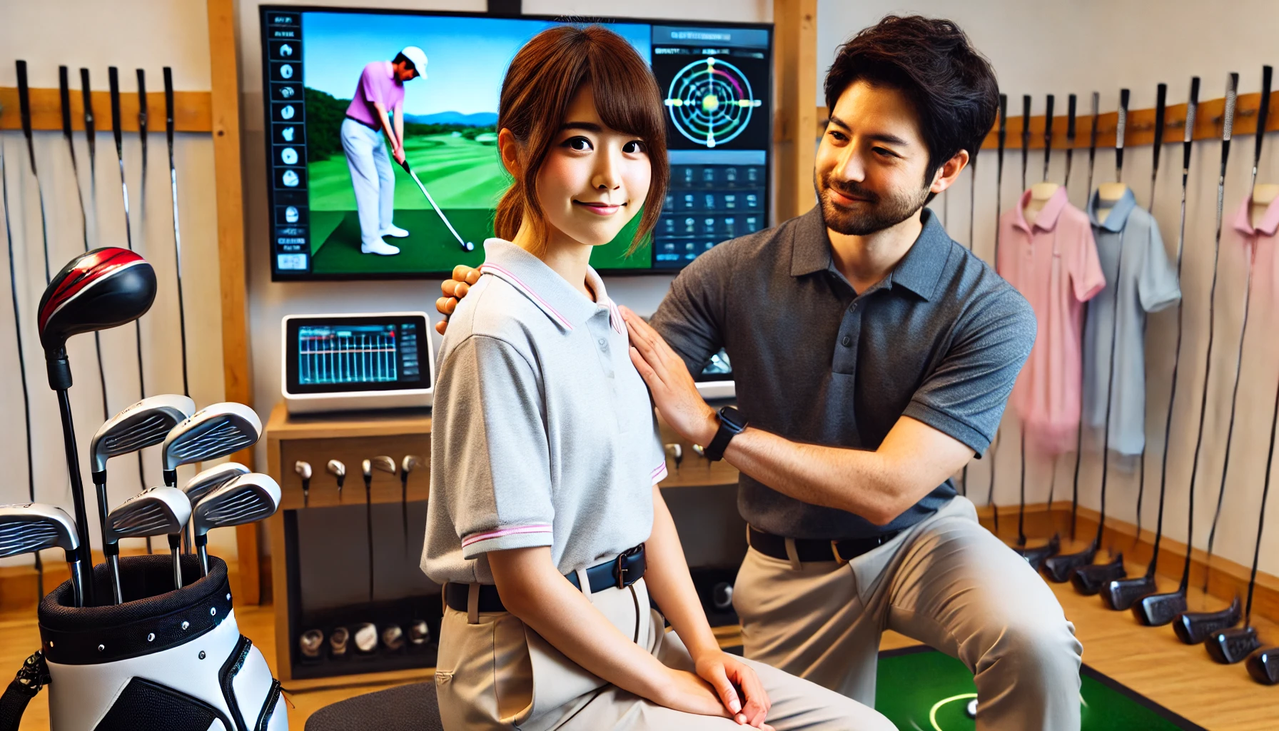 日本人の初心者ゴルファーが緊張しながらも、フレンドリーなフィッターから優しくサポートを受けている場面。安心感のある雰囲気で、初心者でも快適に過ごせる様子。