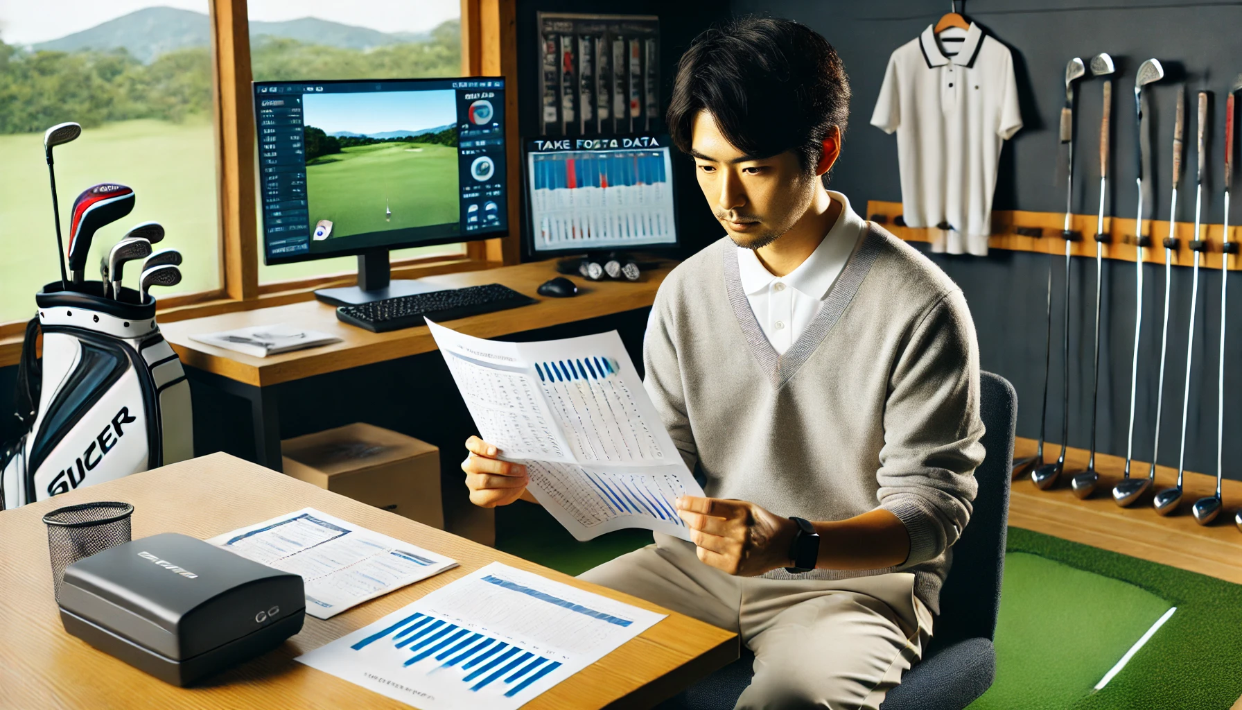 日本人ゴルファーがフィッティングスタジオ内のテーブルで診断データの用紙を真剣に確認している。購入には至っていないが、数値情報を持ち帰って検討できる環境が整っていることを示している。