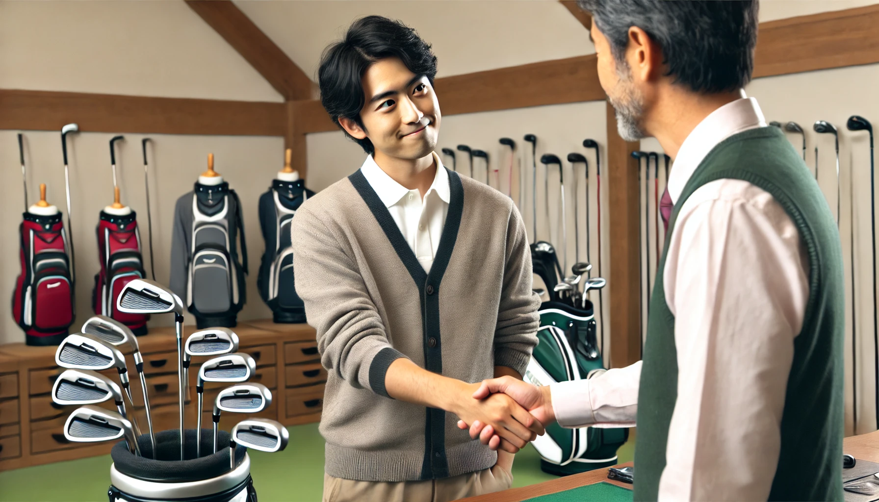 フィッティング終了後、日本人男性がにこやかに丁寧に断りの意向を伝えている。フィッターも笑顔で対応し、気まずさのない空気が伝わる。