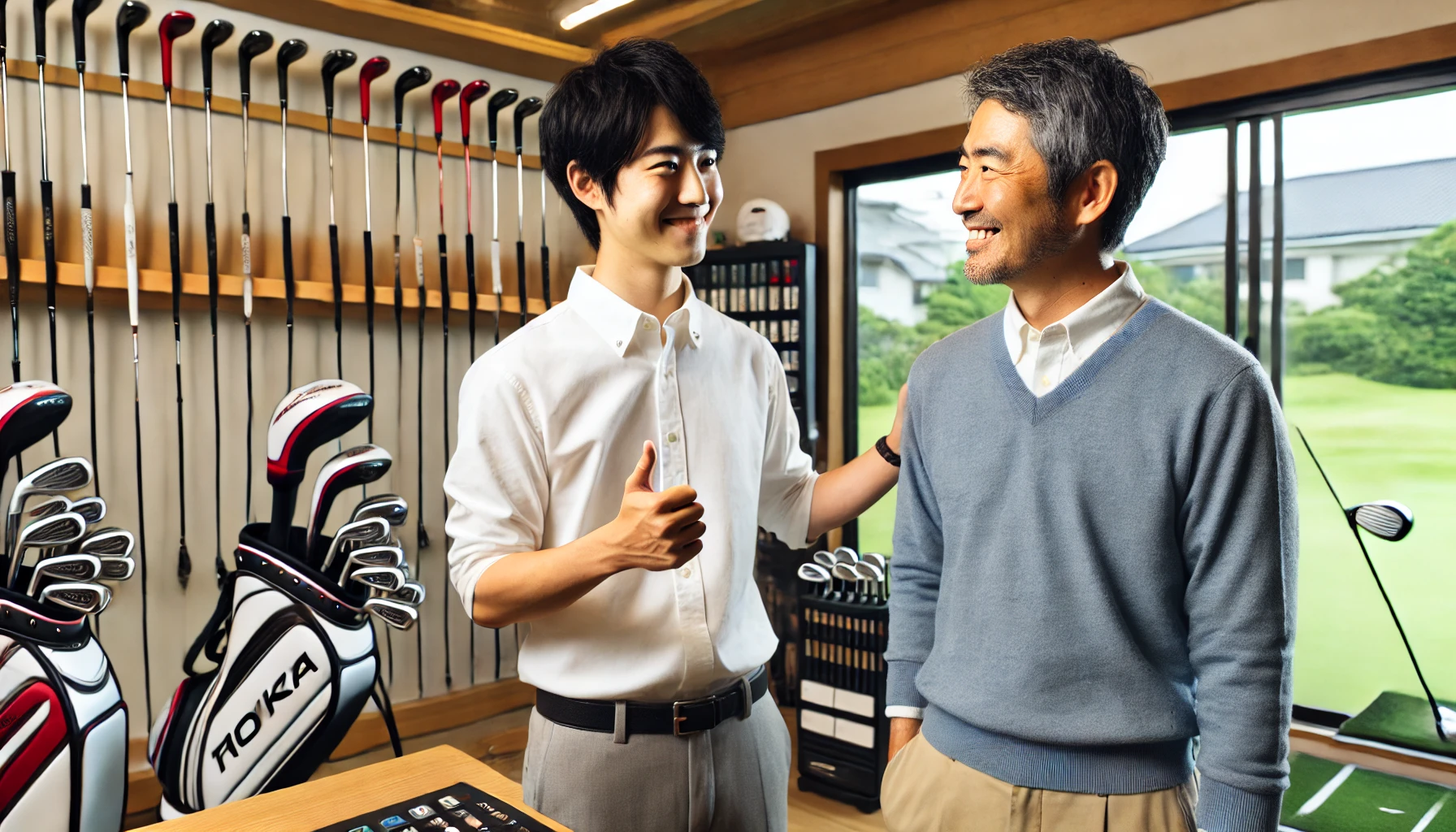 日本人男性がゴルフフィッティングスタジオでフィッターと立ち話をしており、にこやかに「検討します」と伝えている様子。クラブや測定機器が背景に並ぶ落ち着いた空間で、購入を強要されない穏やかな雰囲気が伝わる。