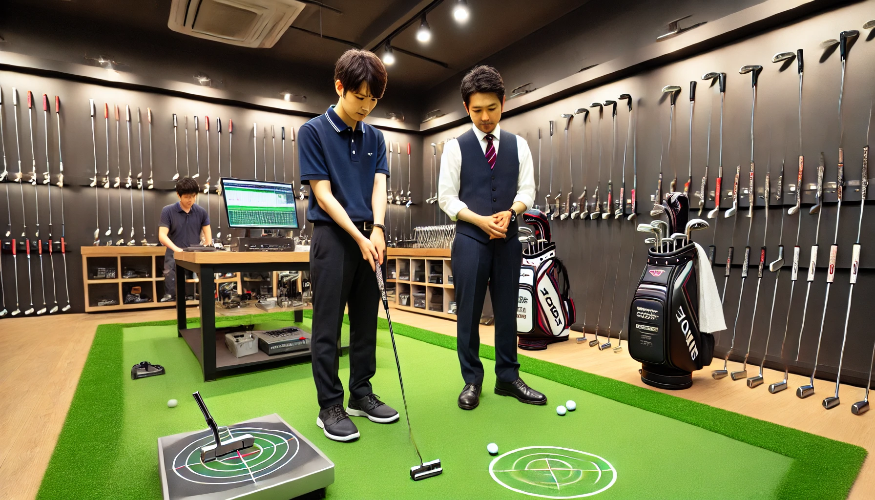 日本人男性が室内グリーンマット上でパターを打ち、プロのフィッターがストロークを観察している。周囲には複数のパターと分析機器が並び、専門的なパターフィッティングが行われている様子。