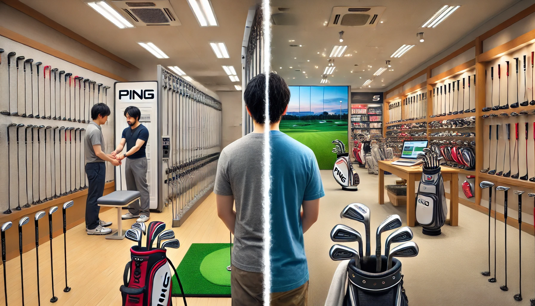 PING直営スタジオでフィッティングを受ける日本人男性と、ゴルフ5やゴルフパートナーの店内でクラブを選ぶ別の日本人男性が、左右に対比的に描かれている。設備や環境の違いが一目で分かる構成。