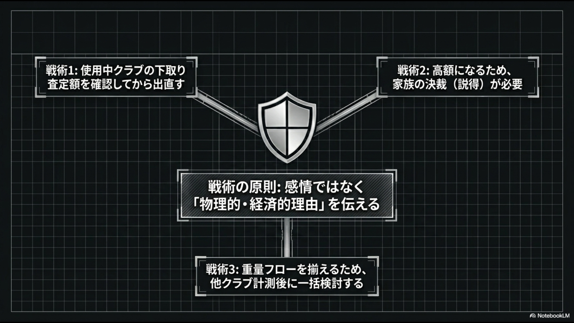 感情ではなく物理的・経済的理由を伝えるための3つの戦術(下取り査定額の確認、家族の決裁、重量フローの統一)を示すシールドの図解