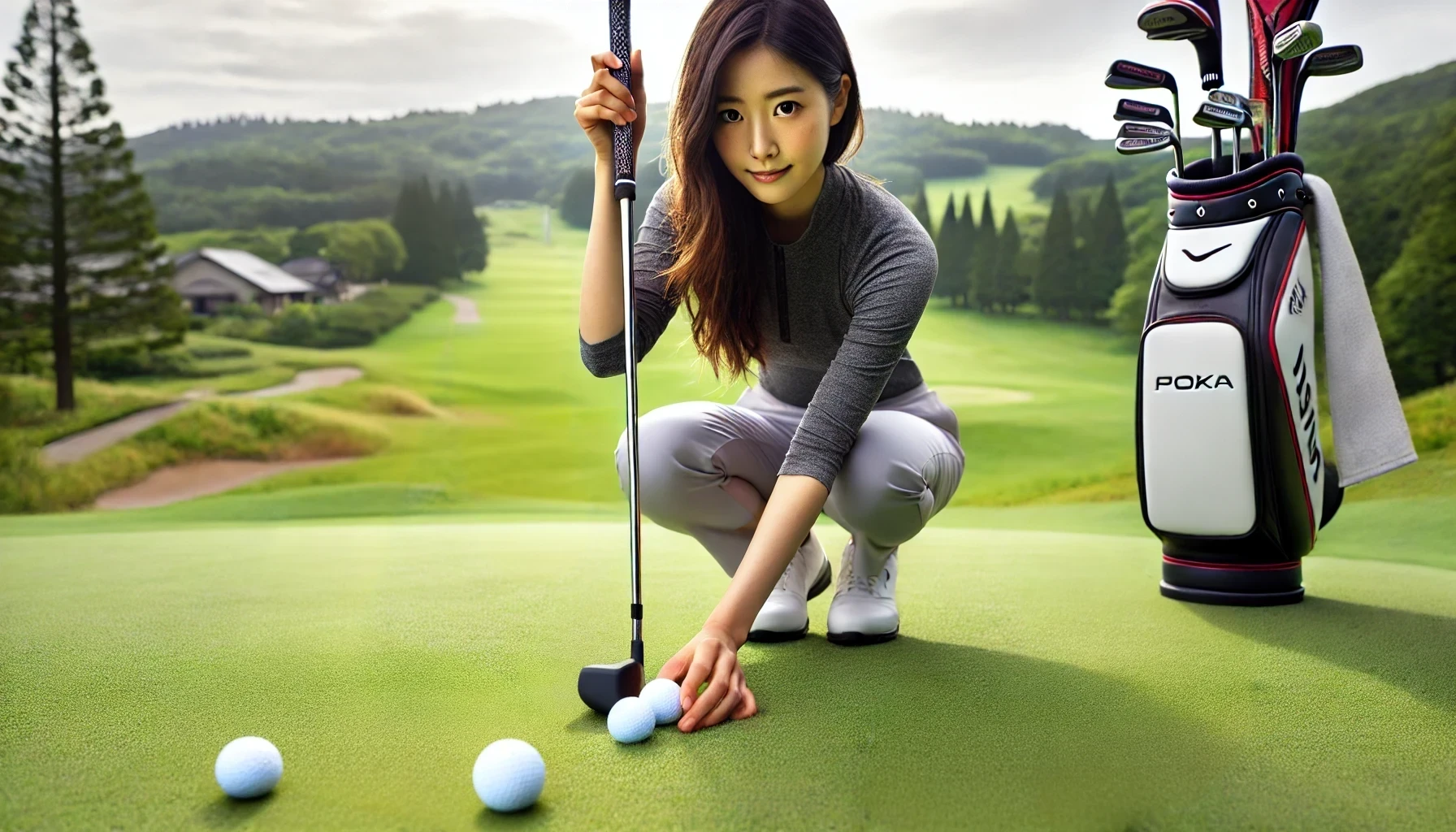 グリーン上で集中した表情の30代日本人女性ゴルファー。背景は自然で整備された芝生と木々のあるリアルなゴルフ場風景