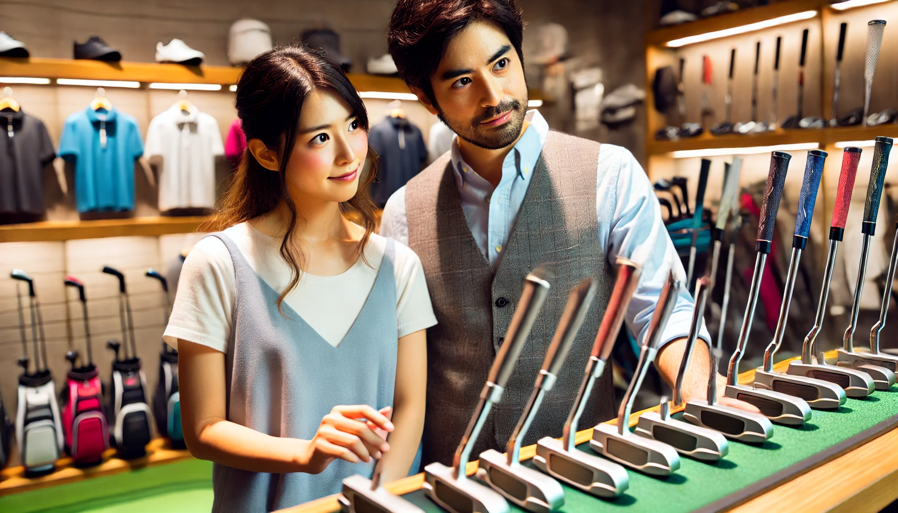 ゴルフショップでパターを選んでいる30代の日本人カップル。男性が棚のパターを指差しながら話し、女性がうなずいている。購入前の不安や疑問を相談している様子。