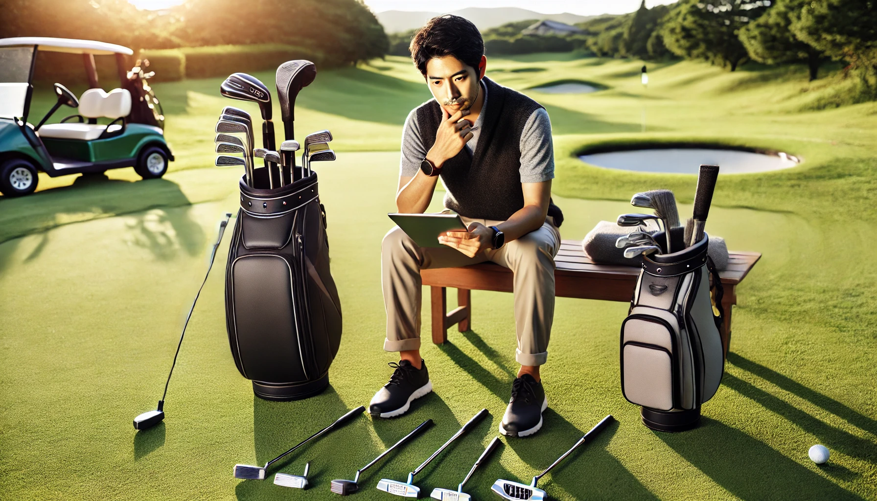 日本人男性ゴルファー（30代）がゴルフ場のベンチでタブレットを見ながら、複数のパターを前にして比較・検討している様子。オンラインレビューを確認している雰囲気。