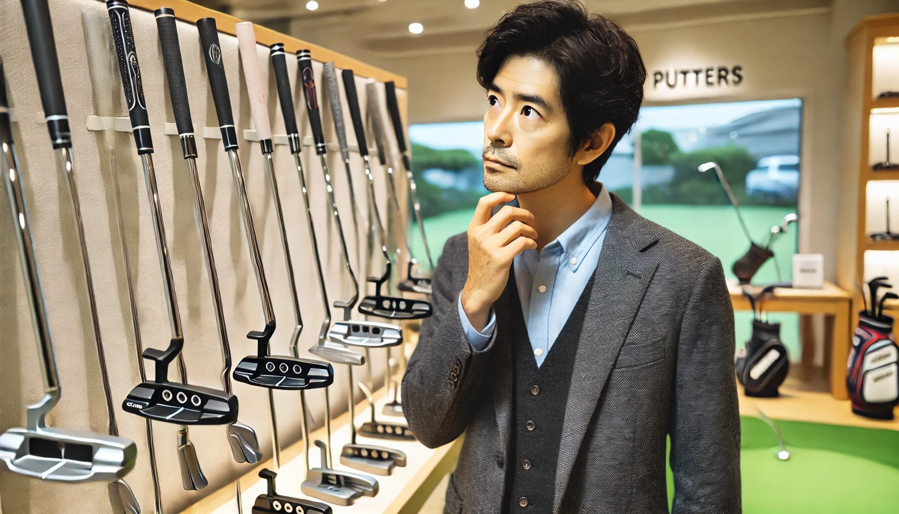 40代の日本人男性ゴルファーが、屋内のフィッティングスタジオで複数のパター（ブレード、ミッドマレット、マレット）を真剣な表情で比較している様子。パター選びに集中している雰囲気。
