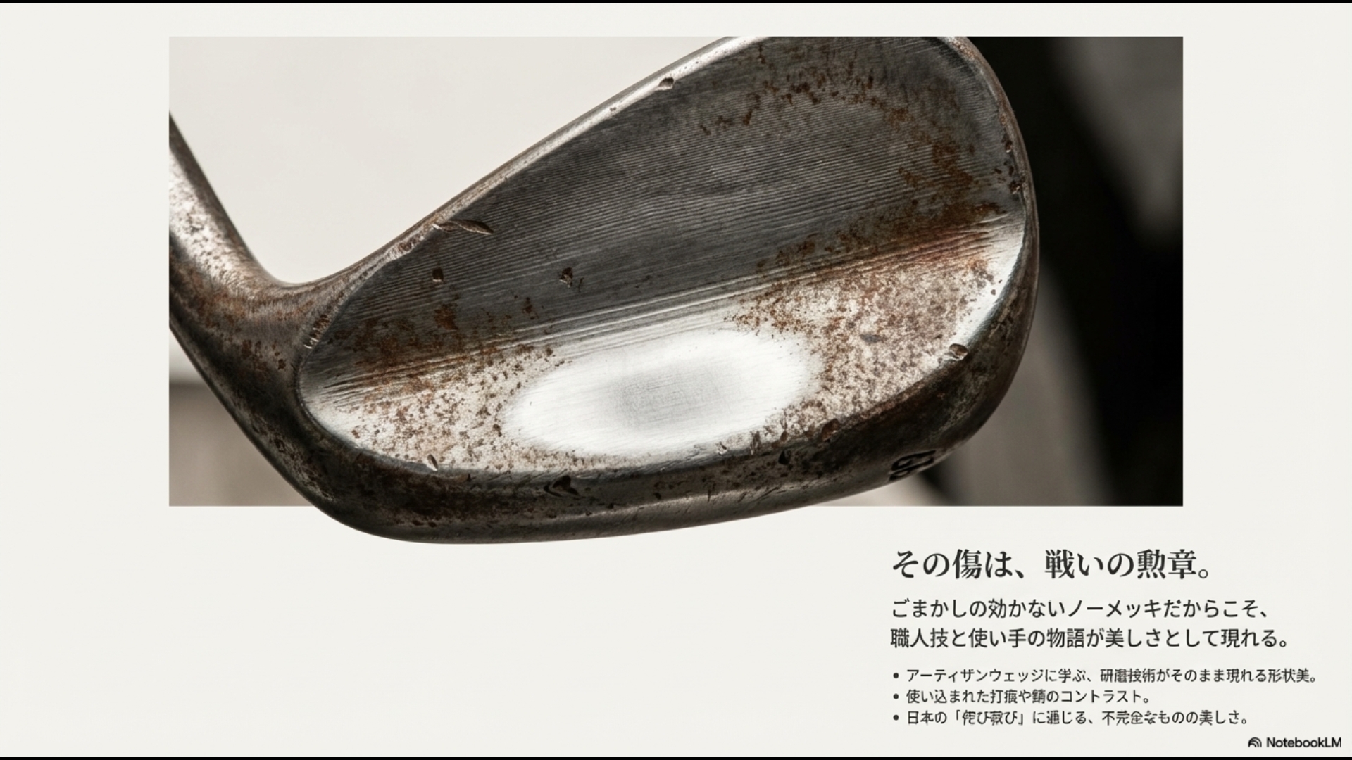 アーティザンウェッジに見られる職人の研磨技術と、日本の侘び寂びに通じる不完全なものの美しさを表現したスライド