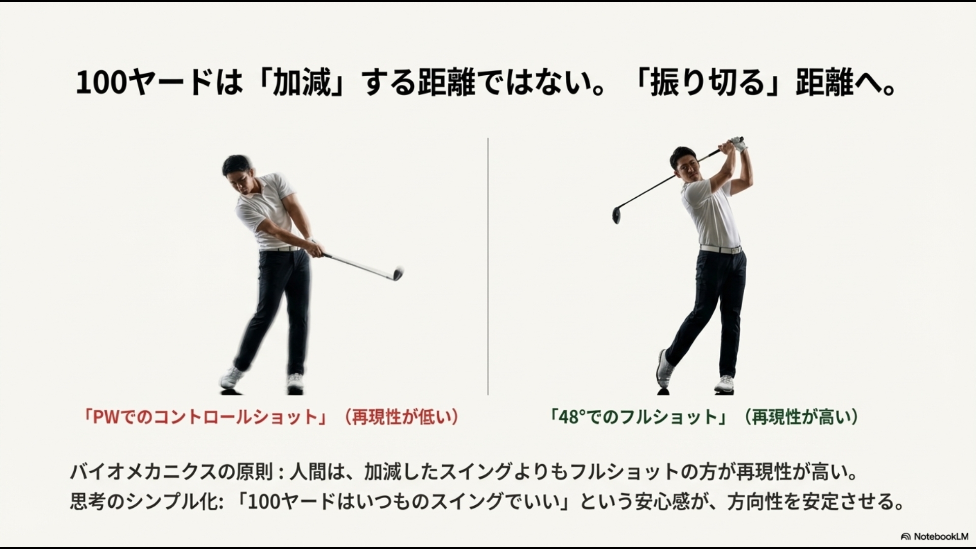 加減したコントロールショットよりも、フルショットの方が物理的・生体力学的に再現性が高いことを説明するスイング比較スライド