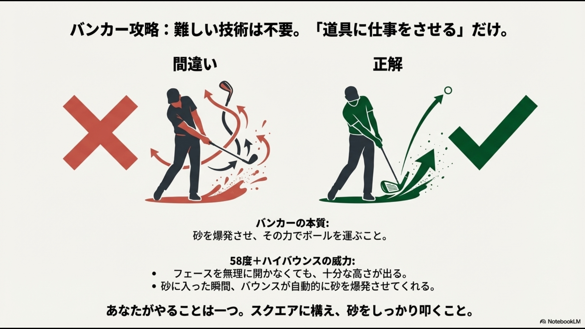 58度ウェッジとハイバウンスで砂を爆発させて脱出する図解