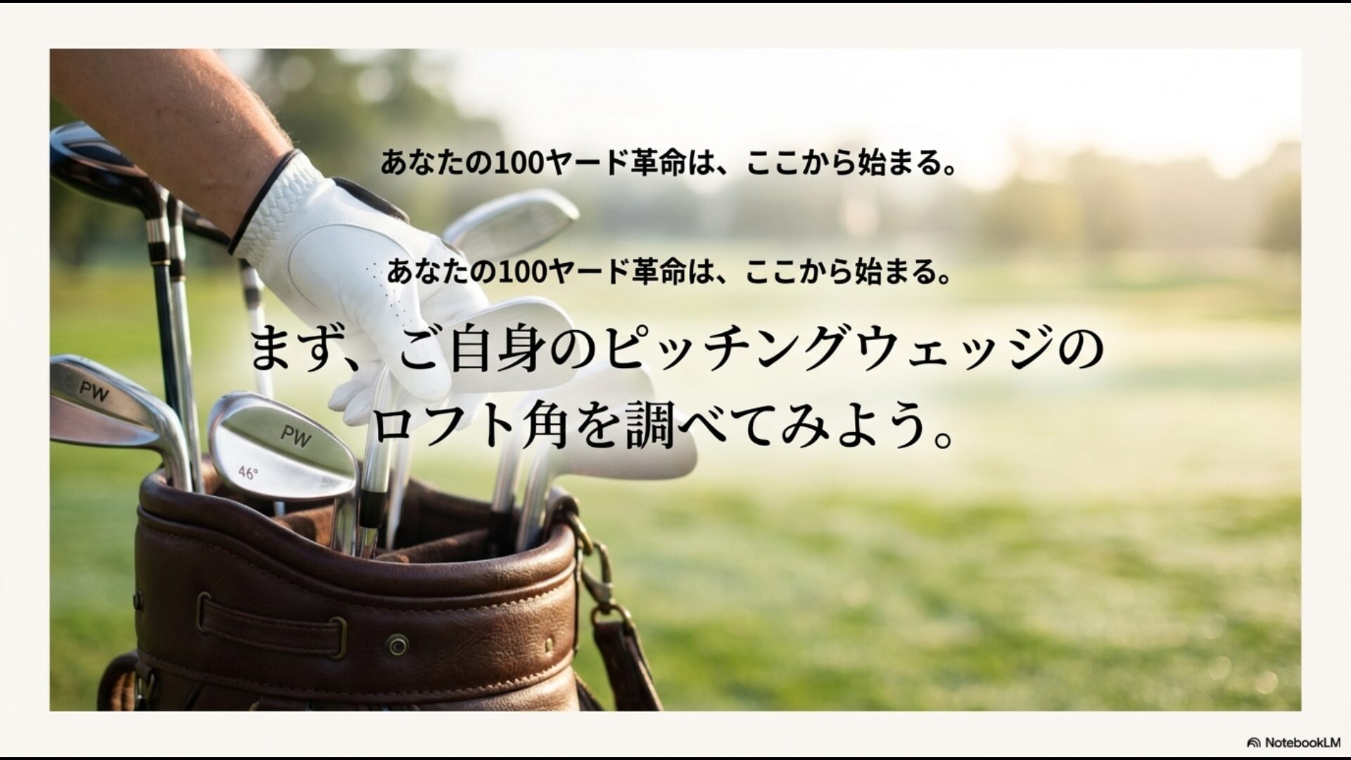 100ヤードを攻略するために自分のピッチングウェッジのロフト角を調べることを推奨するアクション喚起のスライド