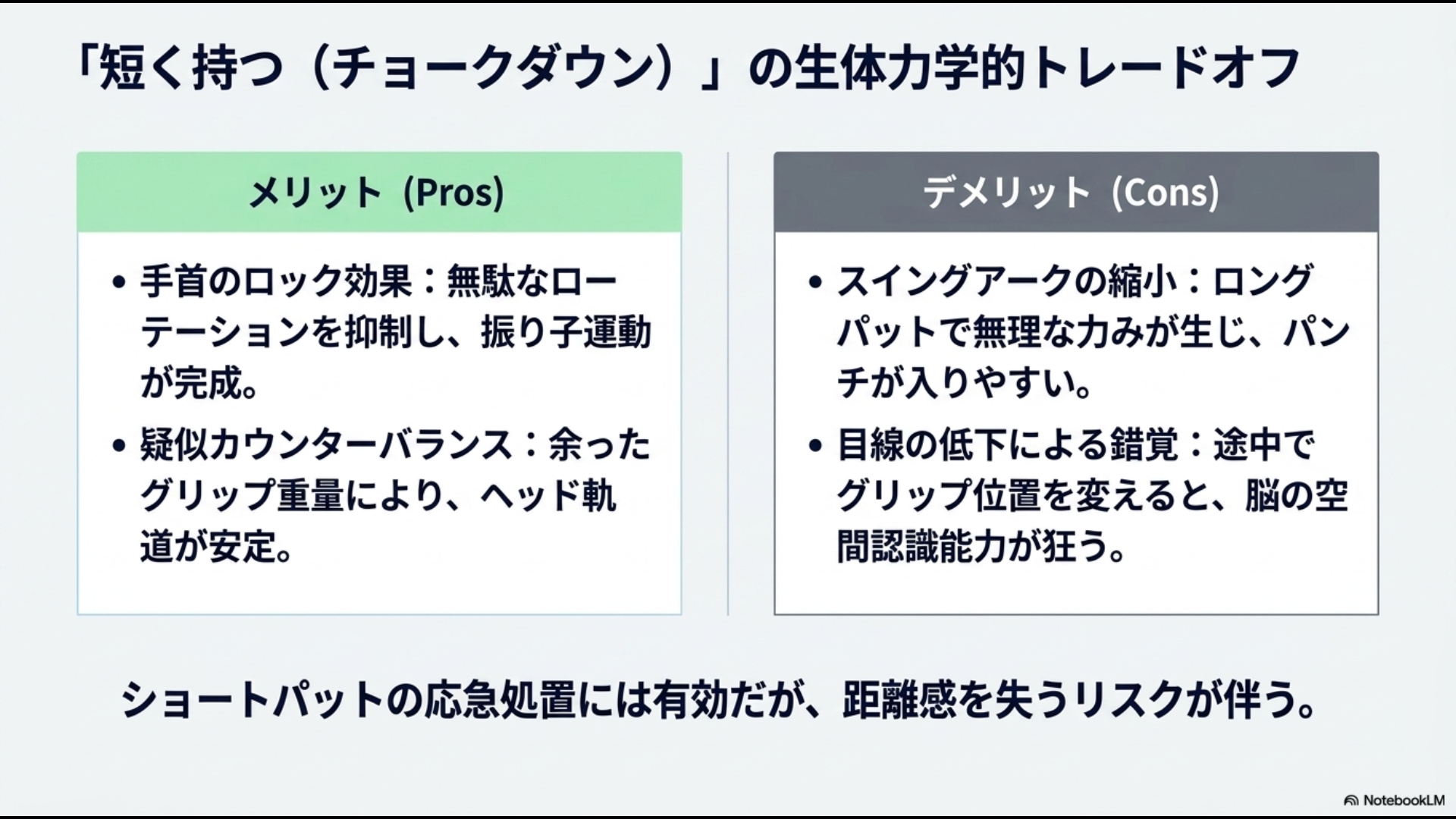 パターを短く持つことによる手首のロック効果や疑似カウンターバランスのメリットと、スイングアークの縮小や空間認識能力が狂うデメリットの比較