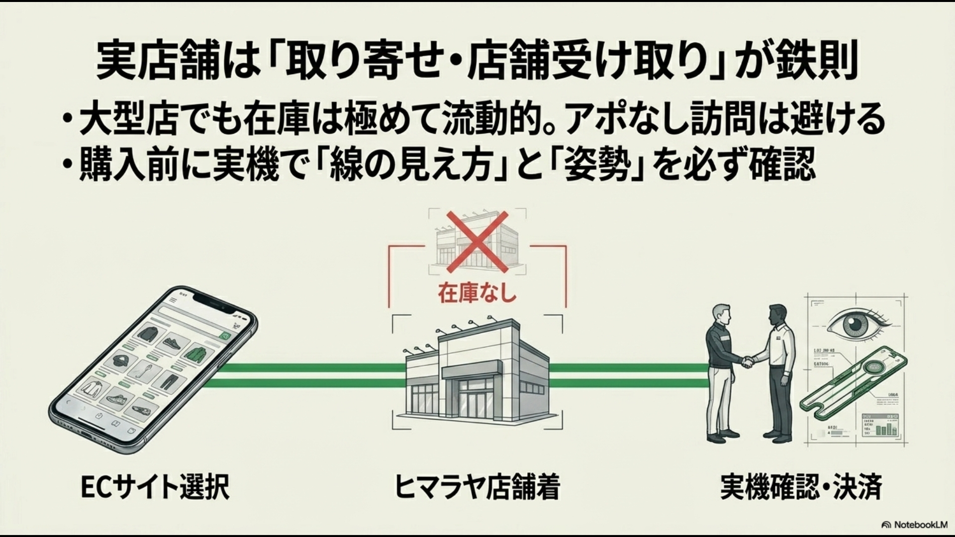 ECサイトからヒマラヤ店舗へ取り寄せ、実機で線の見え方と姿勢を確認してから決済する店舗受け取りシステムのフロー図