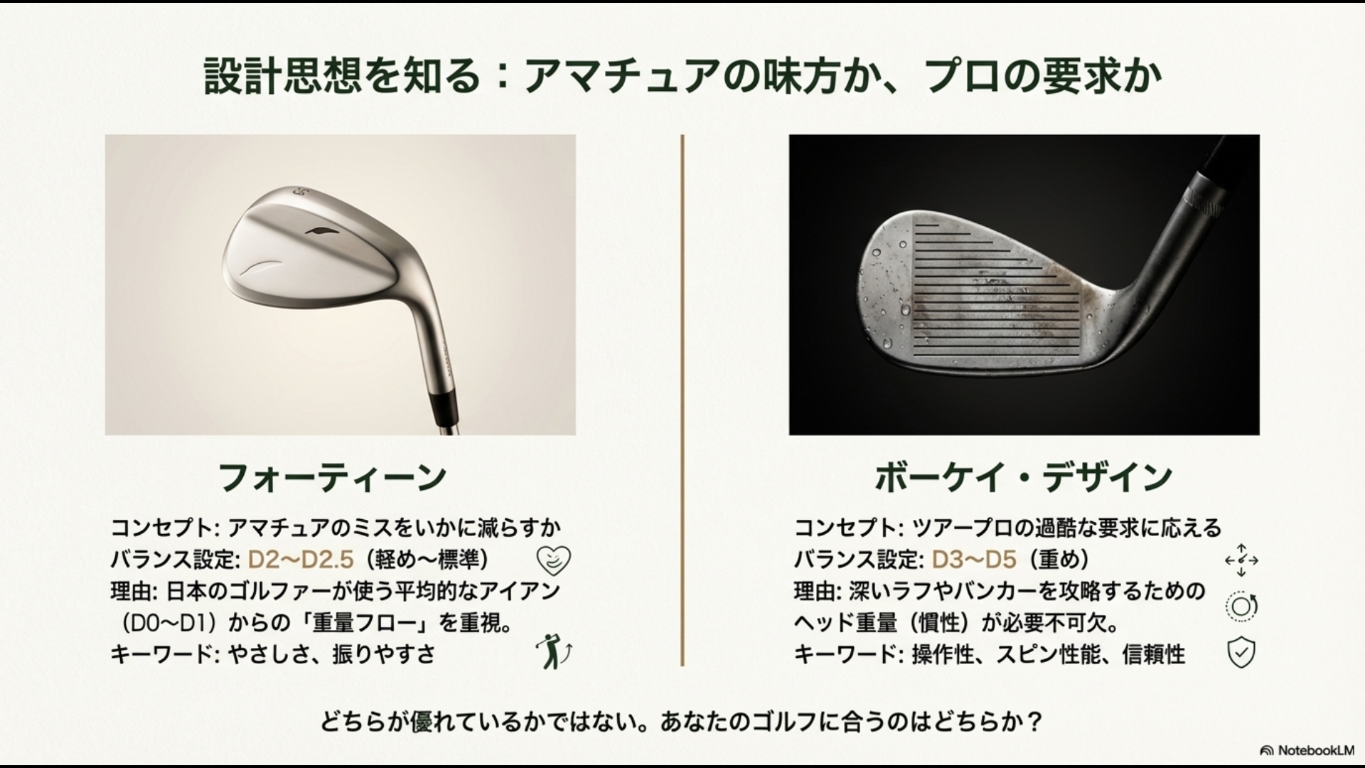 アマチュア向けのフォーティーンとプロ向けのボーケイ・デザインにおけるバランス設定と設計思想の比較