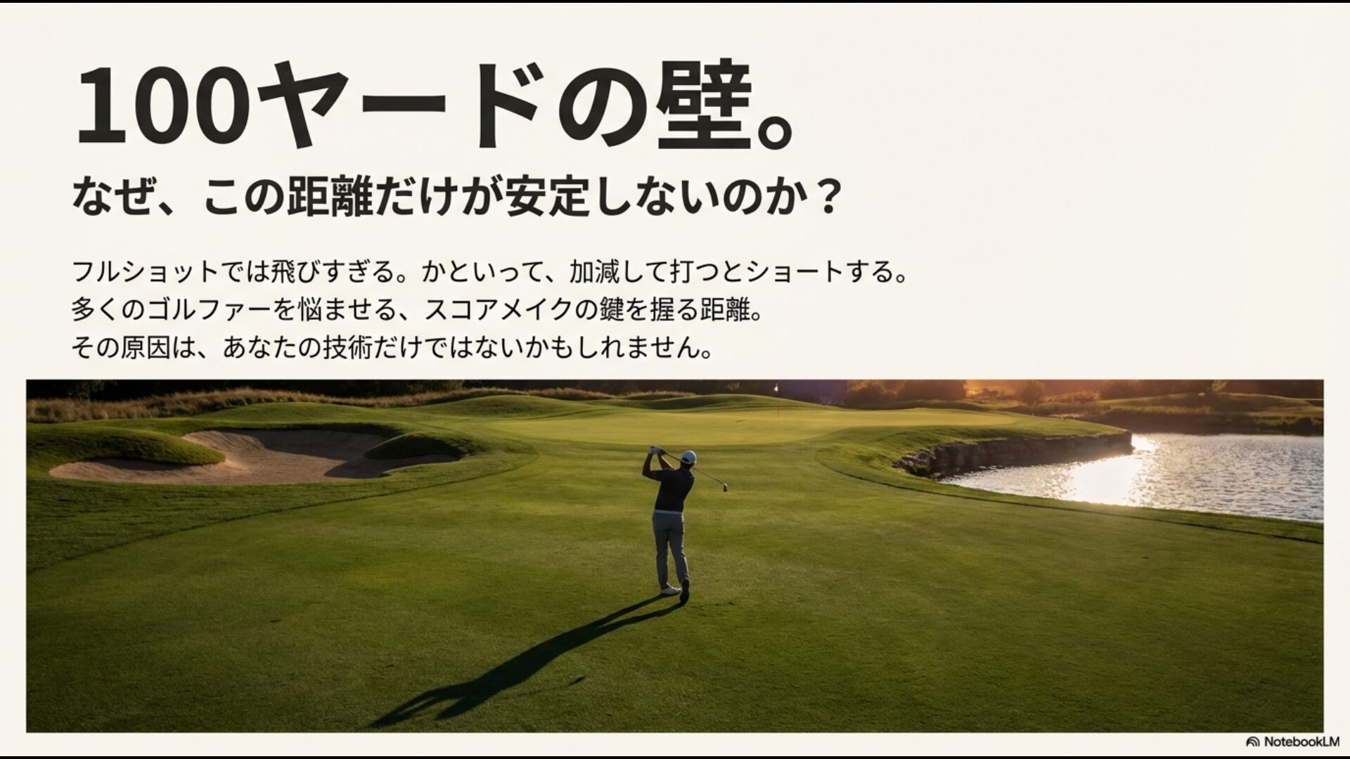 ゴルフの100ヤードショットでフルショットだと飛びすぎ、加減するとショートしてしまうゴルファーの悩みを表したスライド
