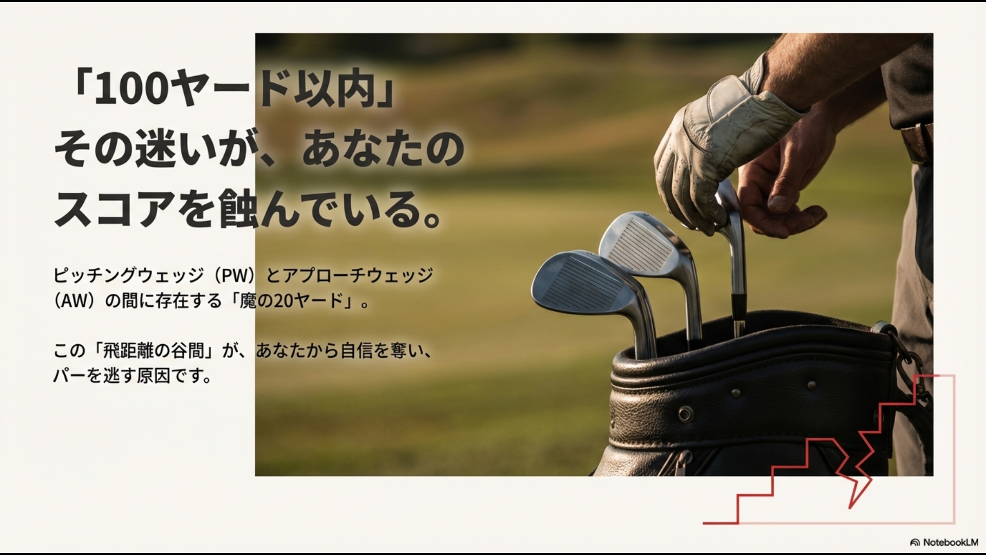 100ヤード以内のショットで迷いが生じることで自信を失い、パーを逃す原因となる「飛距離の谷間」を説明するスライド