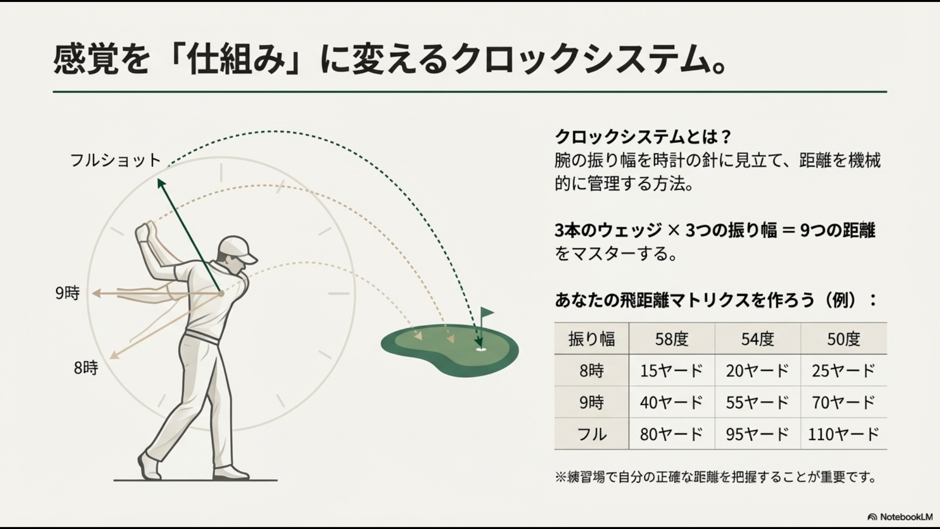 腕の振り幅を時計の針に見立てて3本のウェッジで9つの飛距離を打ち分けるクロックシステムの概念図