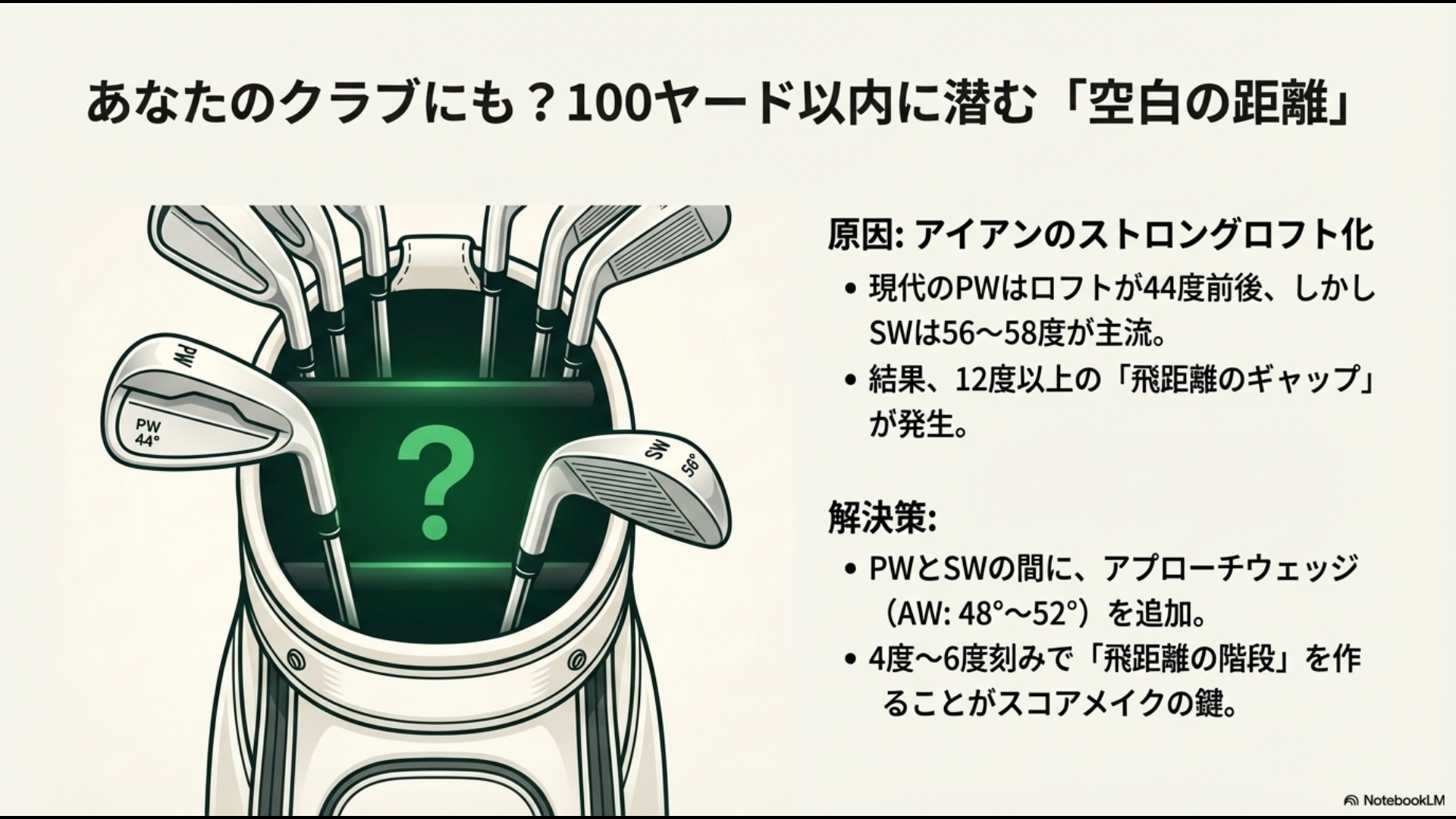 アイアンのストロングロフト化によりPWとSWの間に生じる飛距離のギャップと解決策の図解