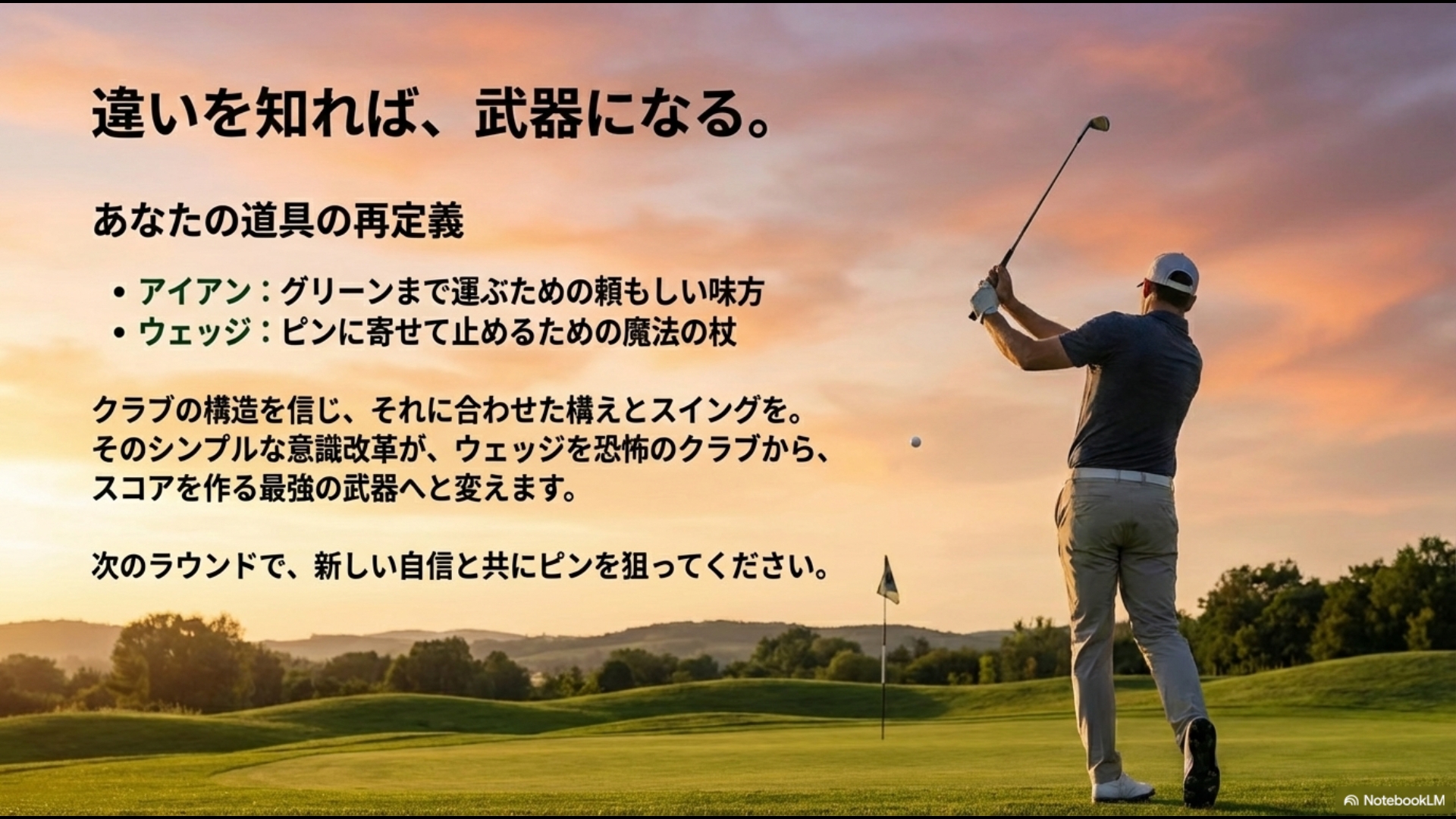 グリーンまで運ぶアイアンとピンに寄せて止めるウェッジの役割をまとめた最終スライド画像