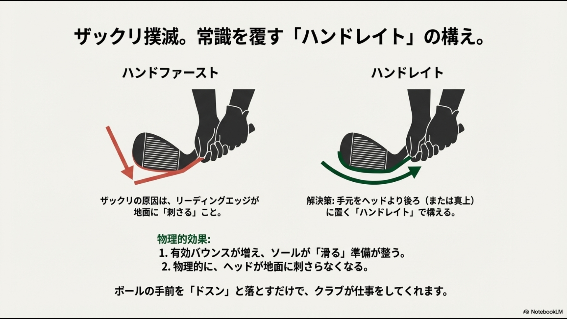 ハンドファーストとハンドレイトの構えによるソール接地の違い