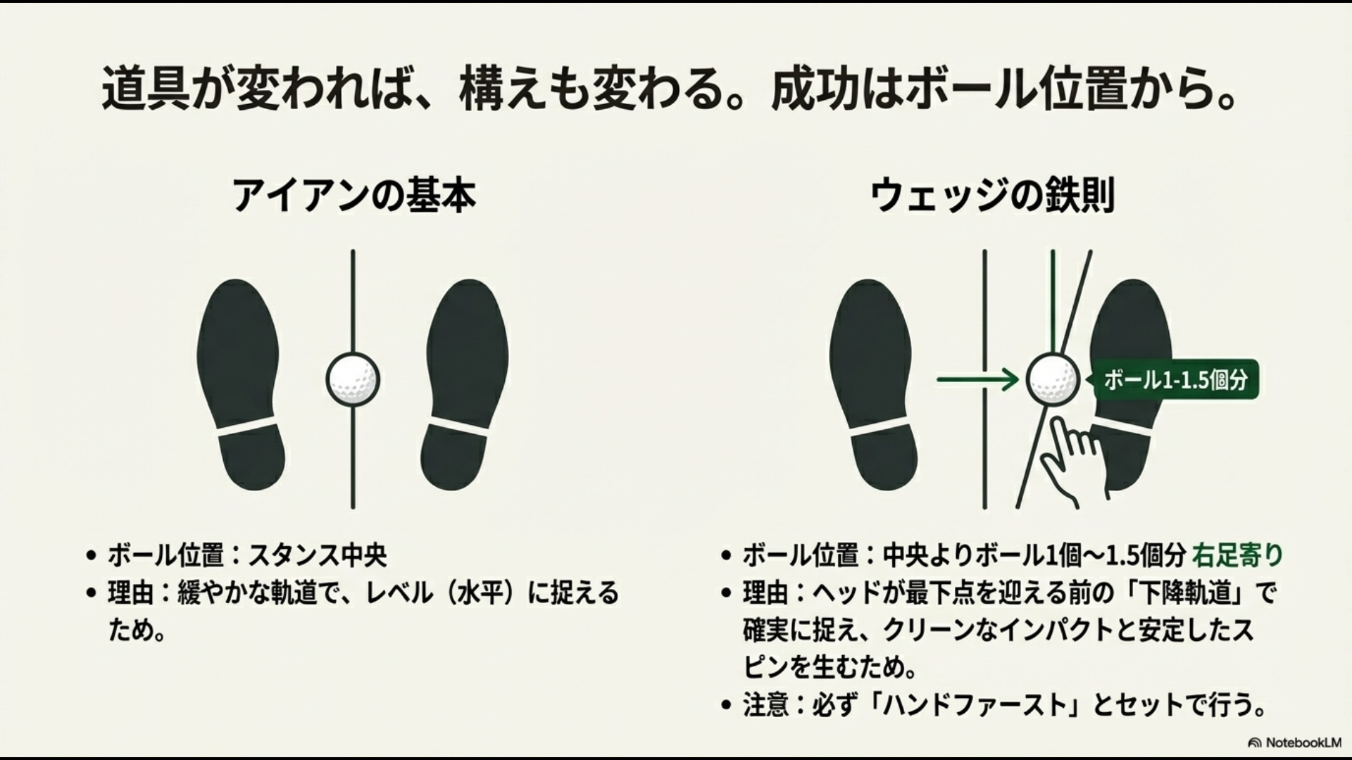 スタンス中央に置くアイアンと、ボール1〜1.5個分右に置くウェッジのボール位置比較画像