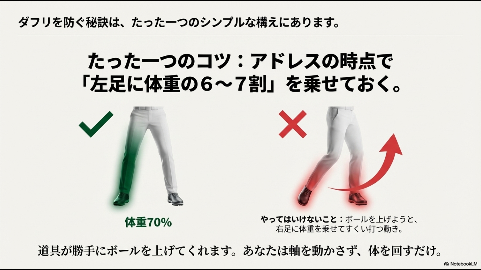 ゴルフのアプローチで左足に体重の6〜7割を乗せてダフリを防ぐアドレスの正しい姿勢