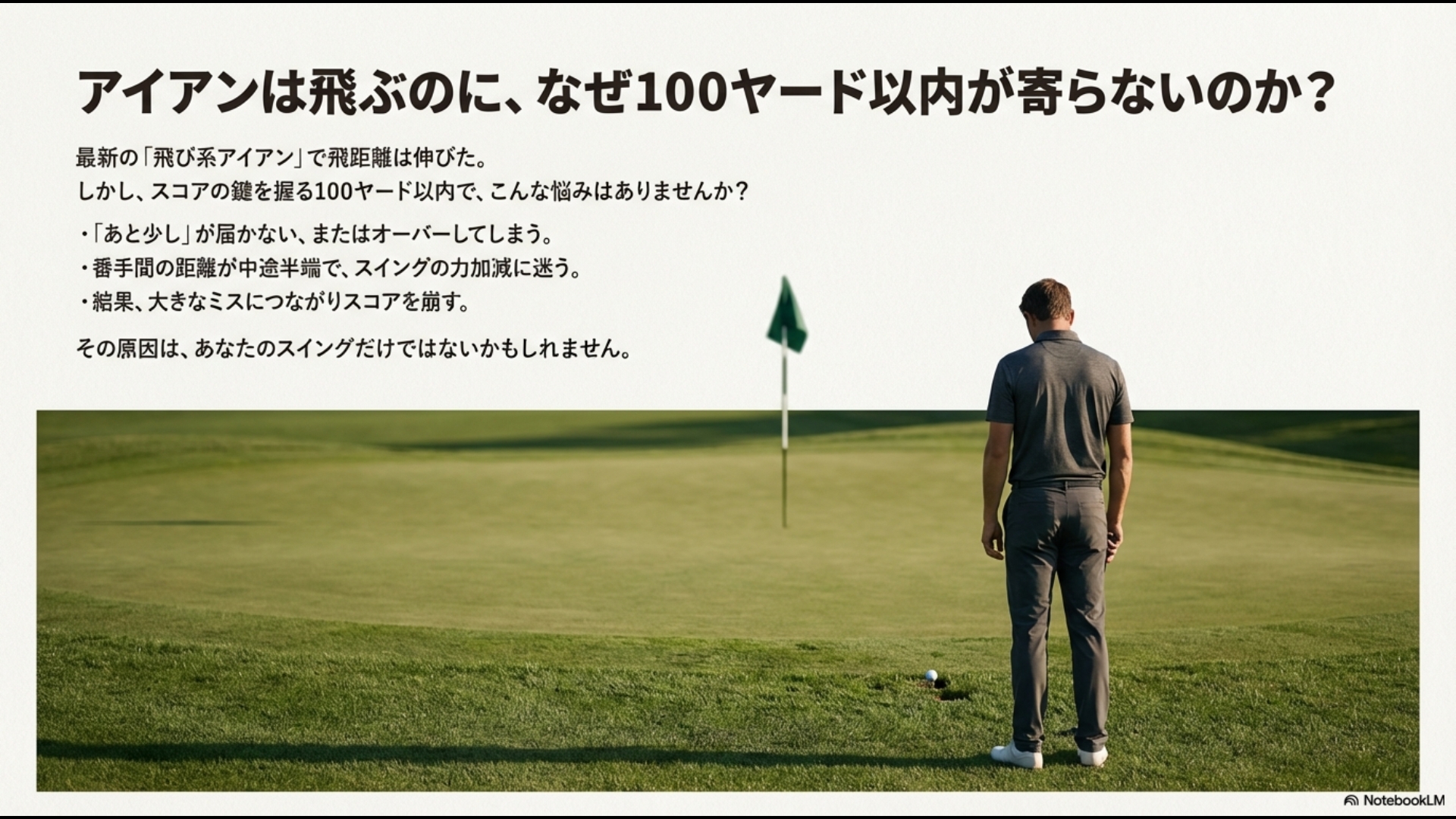 アイアンは飛ぶのに100ヤード以内のアプローチが寄らない悩みの原因を提起するスライド画像