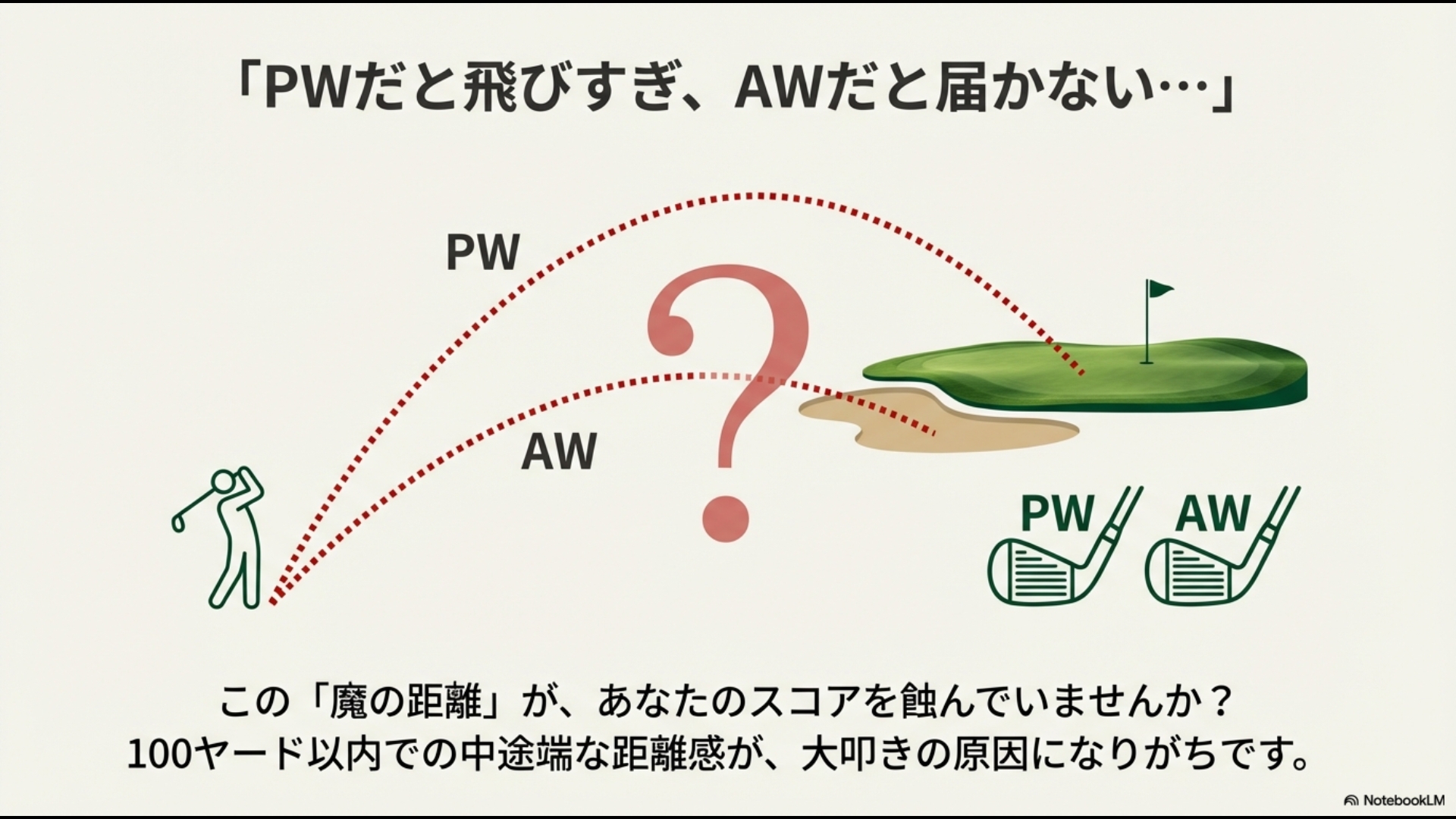 ピッチングウェッジとアプローチウェッジの間の距離感に悩むゴルファーのイラスト図解
