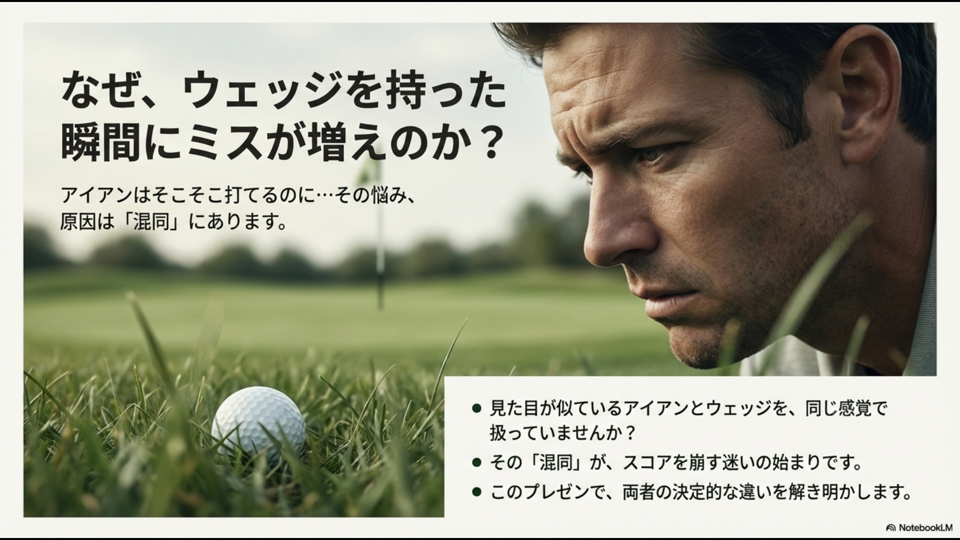 アイアンは打てるのにウェッジでミスが増える原因を解説する導入スライド画像