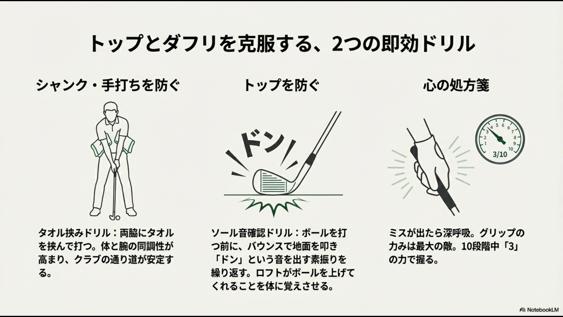 シャンクを防ぐタオル挟みドリルと、トップを防ぐソール音確認ドリルのイラスト図解