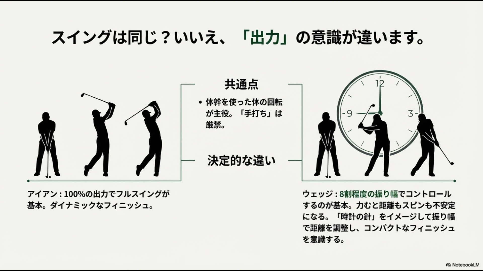 フルスイングのアイアンと、時計の針をイメージして8割の振り幅で打つウェッジの比較画像