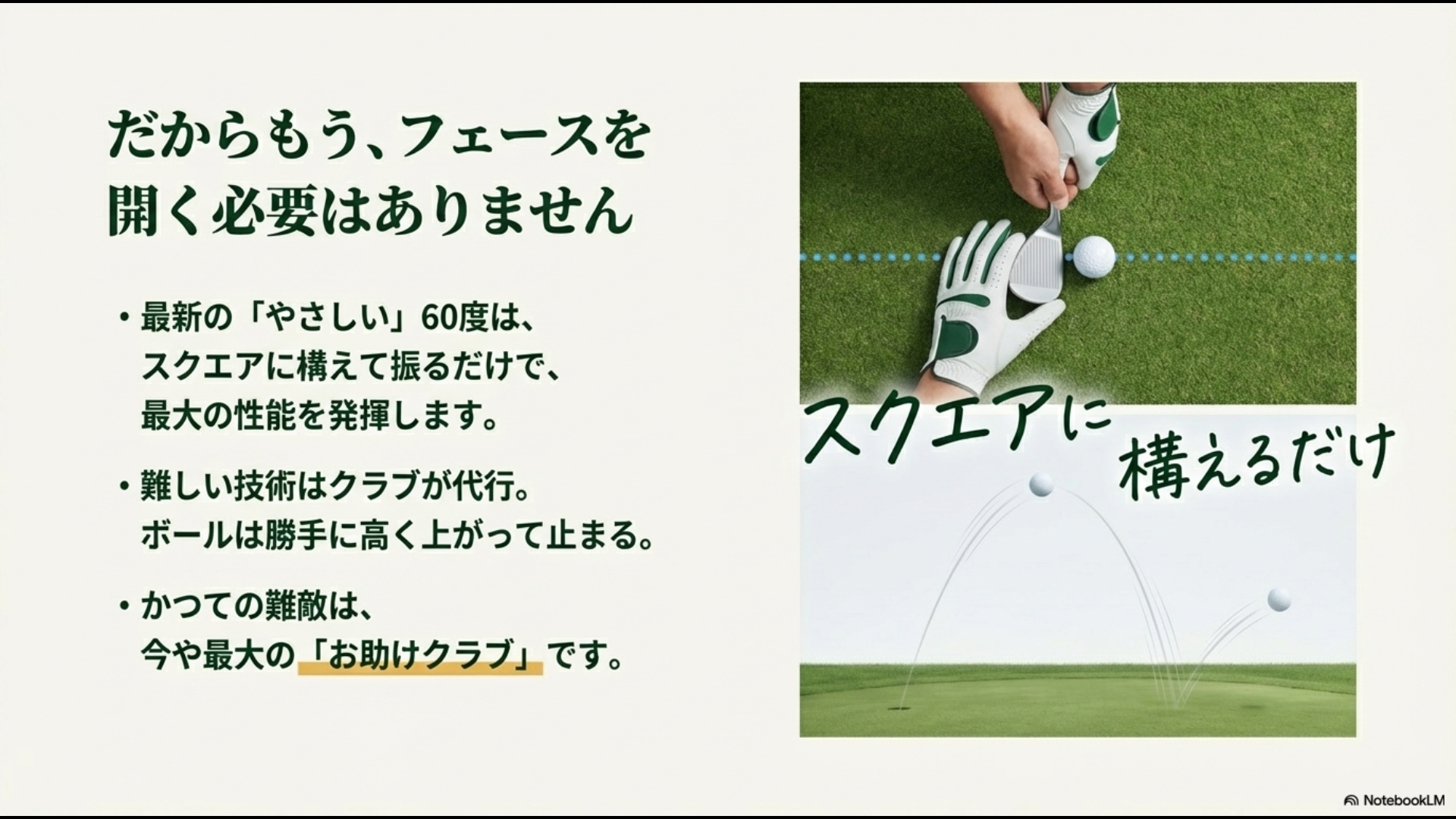 フェースを開く必要はなく、スクエアに構えて振るだけで最大の性能を発揮する最新60度ウェッジの打ち方