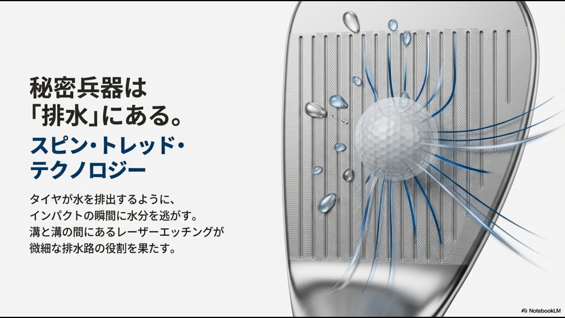 フェースの溝の間にあるレーザーエッチングが微細な排水路となり、インパクト時に水分を逃がす図解