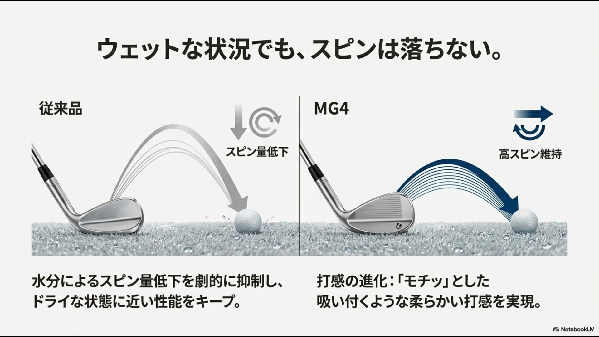 従来品とMG4のウェット時の弾道比較。MG4は水分によるスピン低下を抑制し高スピンを維持する