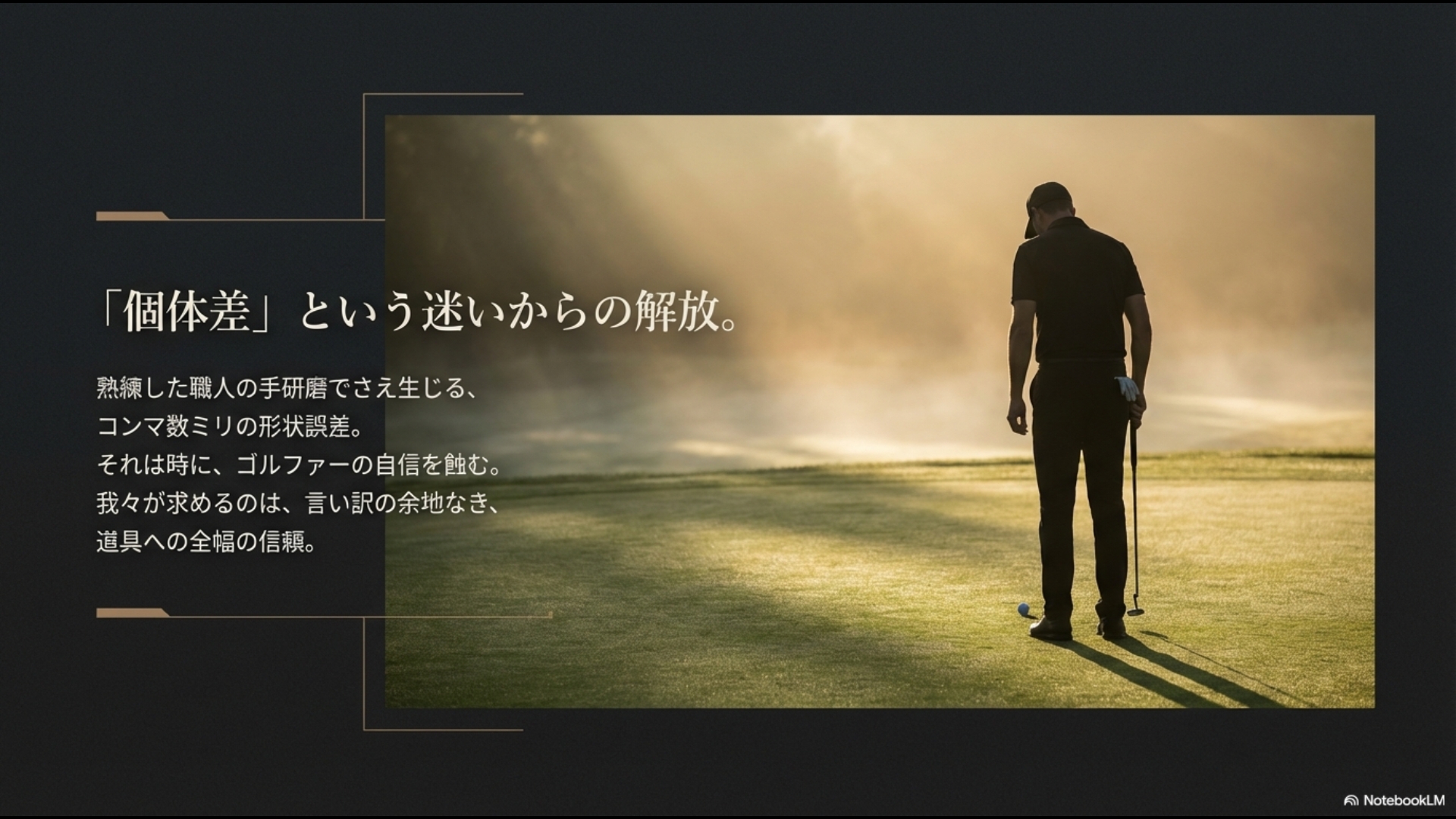夕暮れのゴルフコースで佇むゴルファーと、個体差という迷いからの解放を謳うキャッチコピー