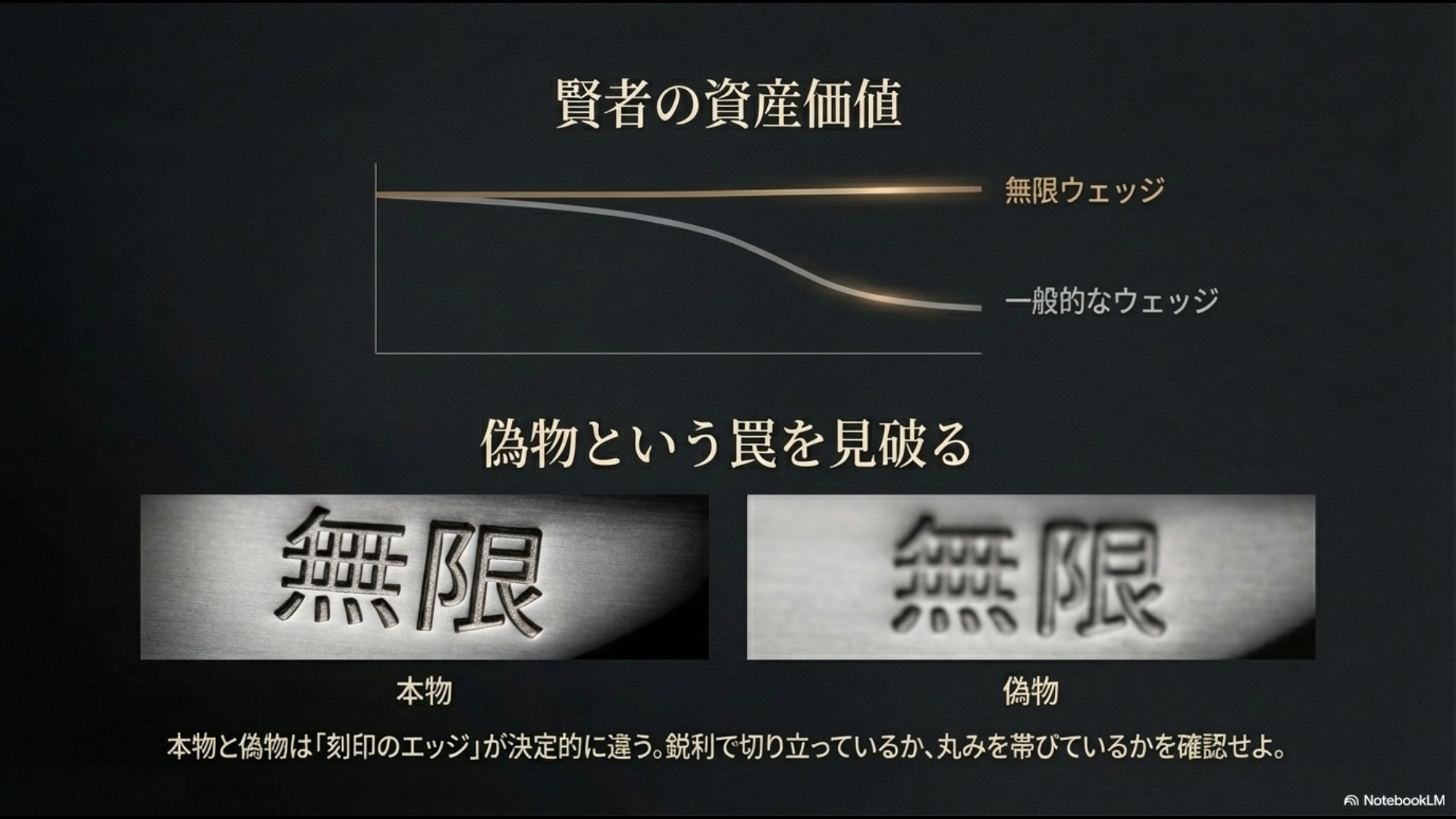 無限ウェッジの刻印のエッジを比較し、本物の鋭利な立ち上がりと偽物の丸みを説明した画像