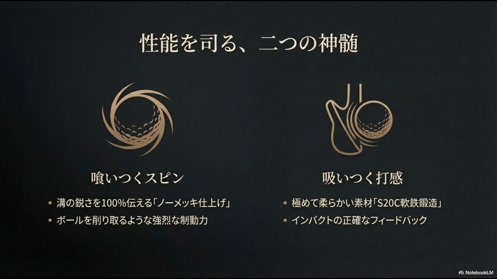 ノーメッキ仕上げによる強烈なスピンと、S20C軟鉄鍛造による吸いつく打感の仕組みを説明した図解