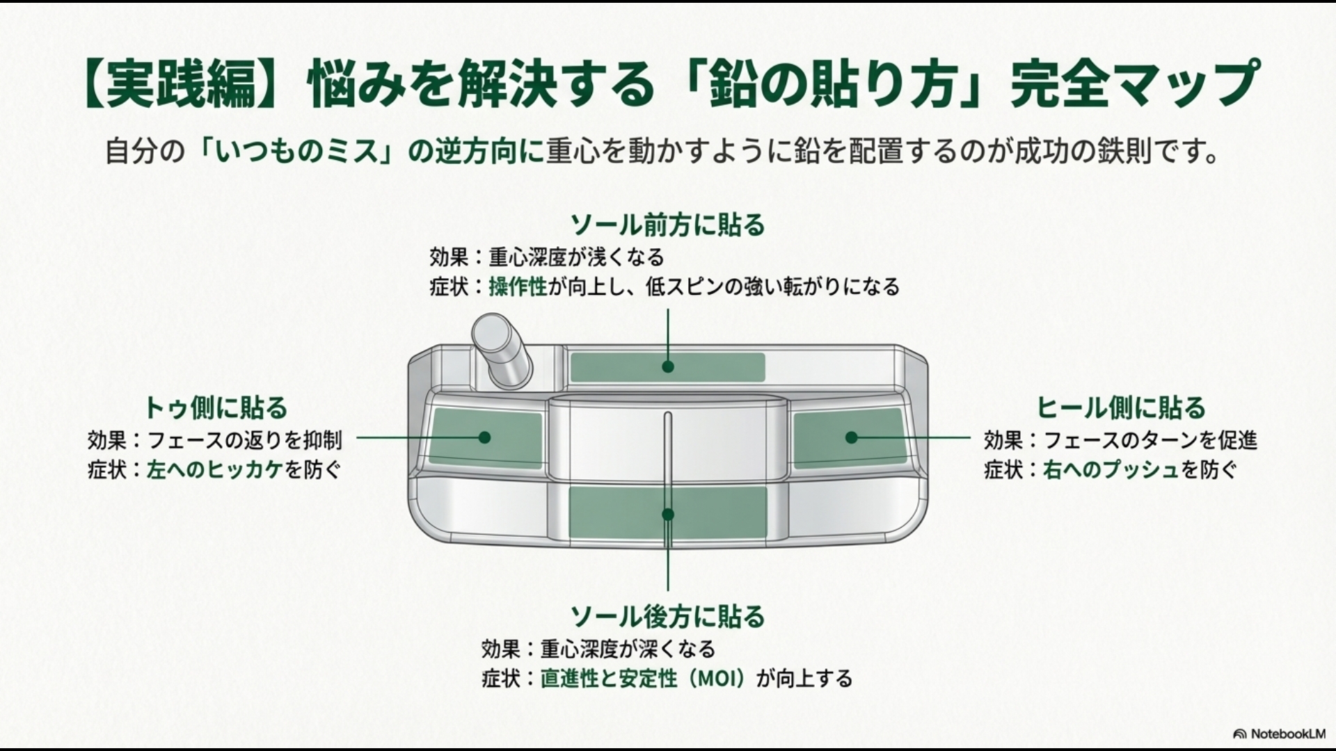 トゥ・ヒール・前方・後方に鉛を貼った際の重心距離・深度の変化と、ミスを解消するための調整ガイド