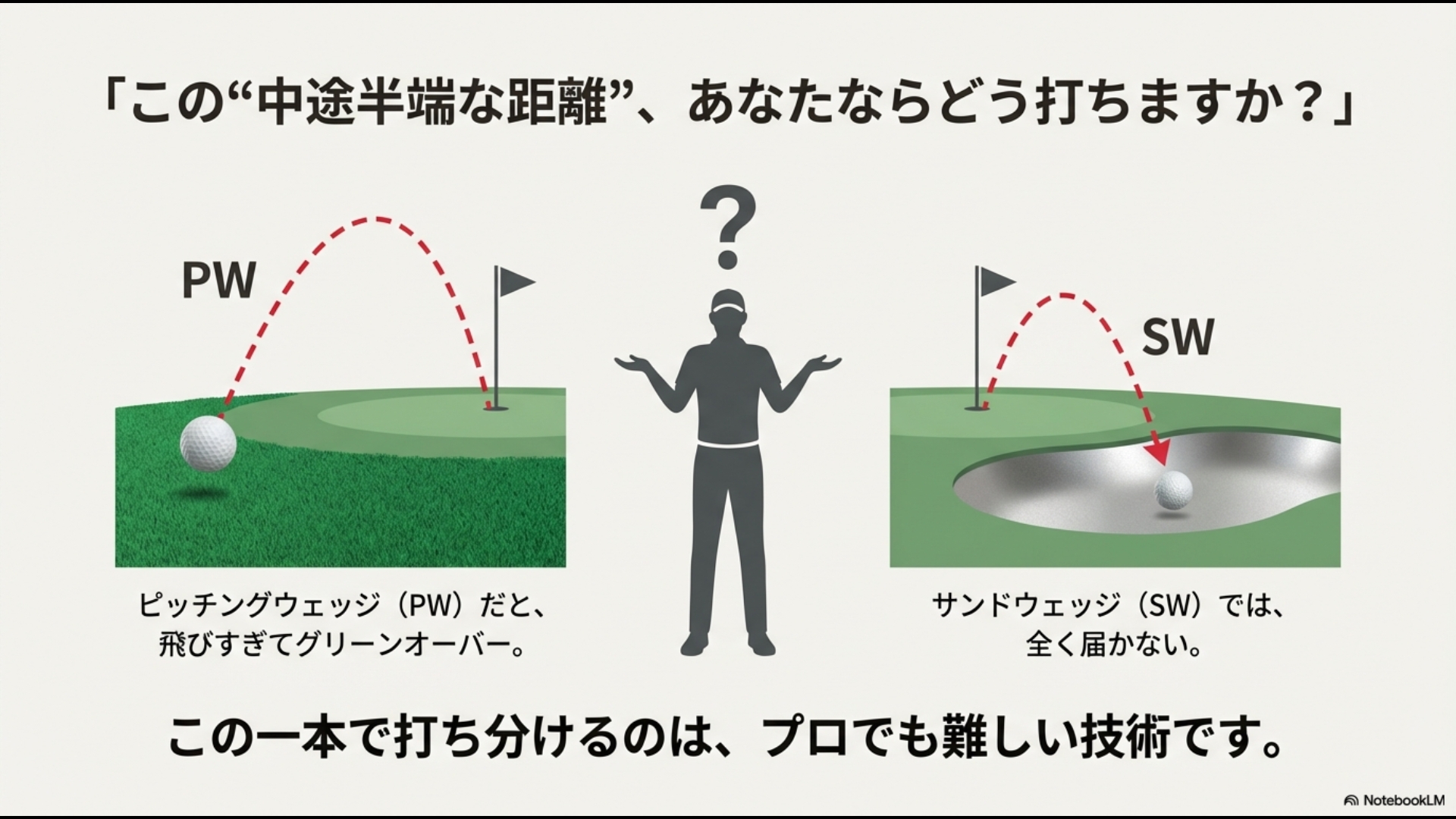ピッチングウェッジ(PW)では飛びすぎ、サンドウェッジ(SW)では届かない中途半端な距離のショットの悩み