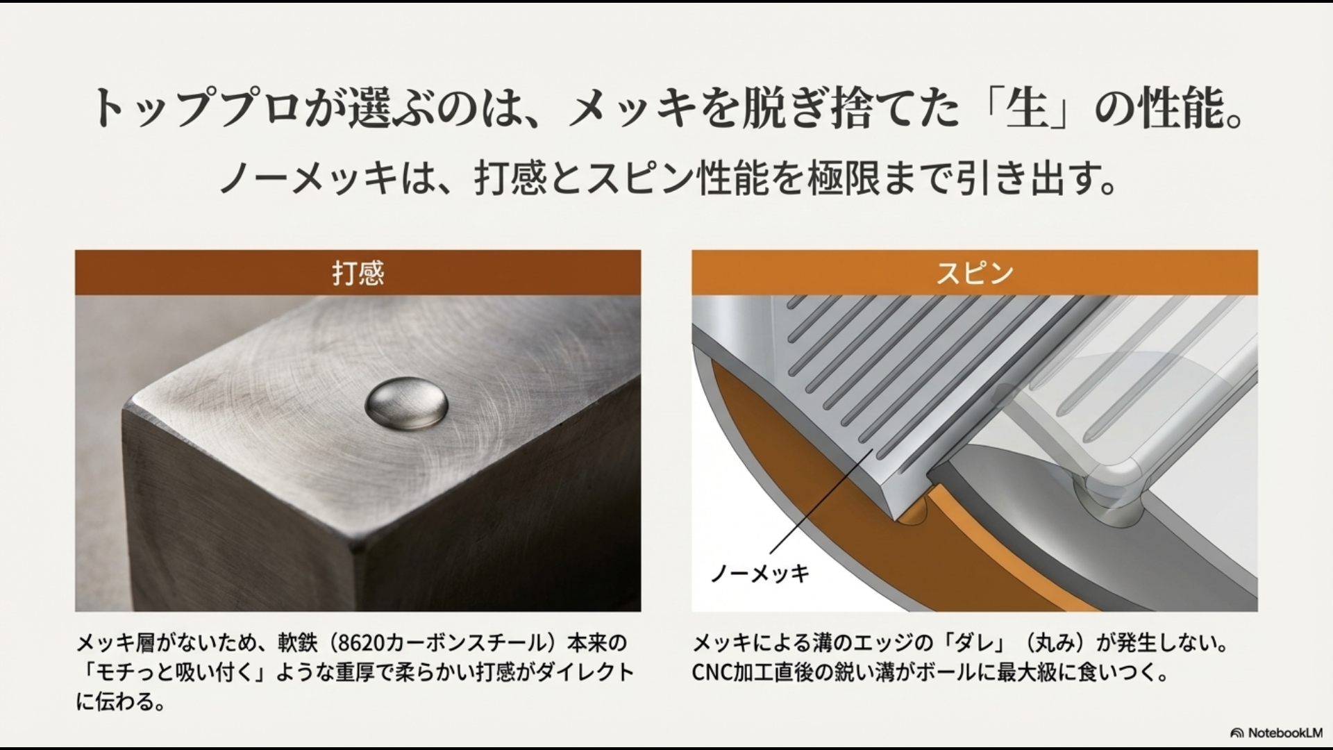 メッキ層がないことで軟鉄本来の打感が伝わり、CNC加工直後の鋭い溝がスピン性能を最大化する仕組みの図解