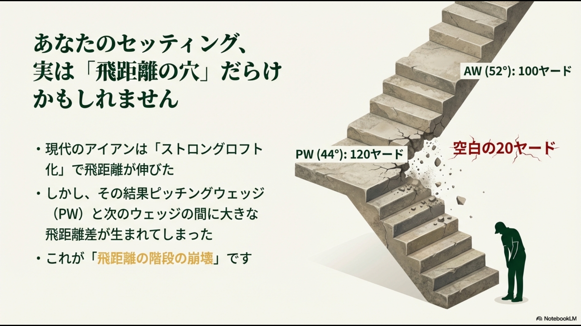 現代のアイアンのストロングロフト化により、PWと次のウェッジの間に生まれる「飛距離の穴」を説明する図